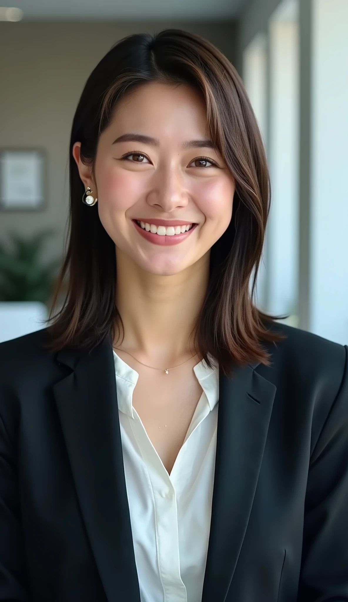 Neat Young Woman、and look at the camera、office lady suit、jacket、shirt、ネックレス、、ear piercing、、smile showing teeth、背景はオフィス
