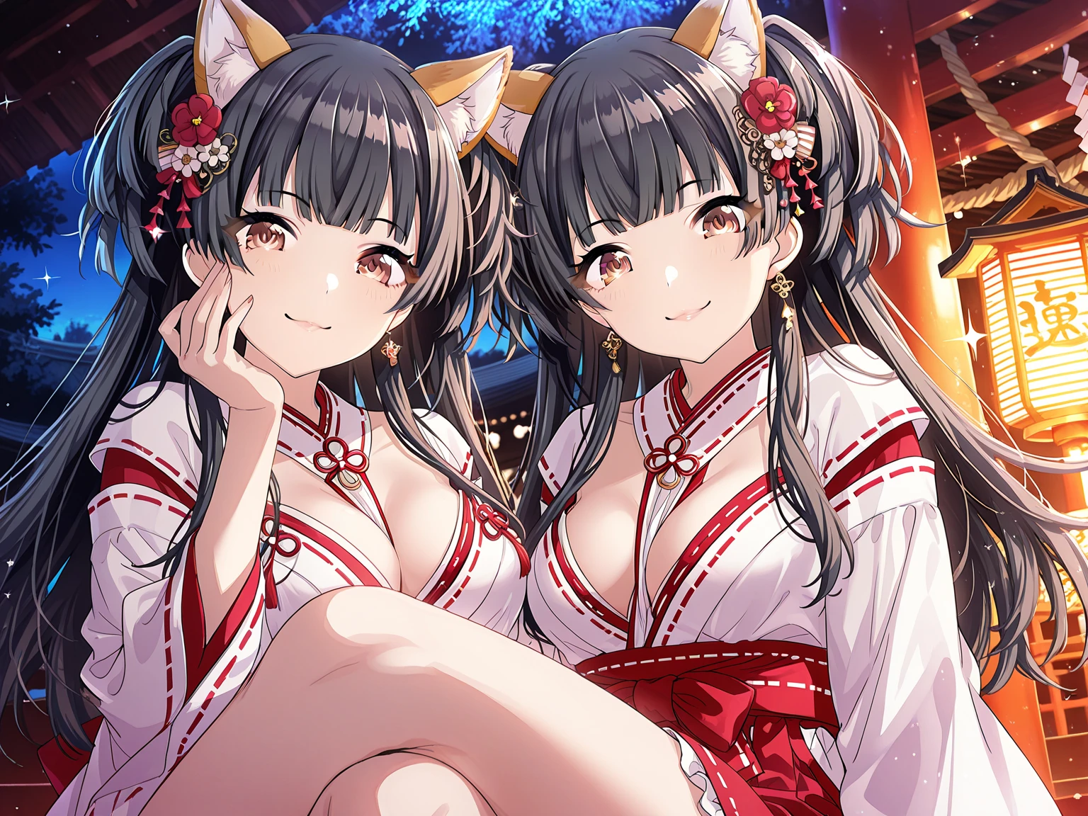 Masterpiece, High Resolution, Top Quality, NSFW, Festival, Fireworks, 2 Girls, (Black Yukata, Big Breasts, Cat Ears, Red Eyes, Black Hair, Ponytail), (White Yukata, Big Breasts, Cat Ears, Yellow Eyes, White Hair, Twin Tails)