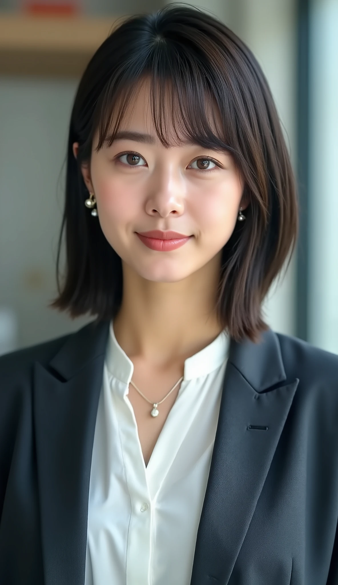 Neat Young Woman、and look at the camera、office lady suit、jacket、shirt、necklace、、ear piercing、No expression、face close-up、The background is office
