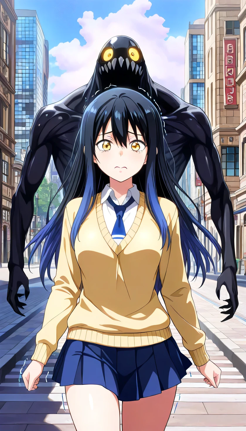 {{{masterpiece}}}, (best quality:1.5), (ultra-detailed:1.5), {illustration}, {{an extremely delicate and beautiful}}, (beautiful detailed eyes:1.6), absurdres, highres, extremely detailed face, 16k, hd, visual anime de uma jovem mulher, extremamente bonito rosto de anime, anime melhor garota, (perfect hands, perfect anatomy), anime face, Miko Yotsuya(Mieruko-Chan), 1girl, solo, cute face, Miko, long hair, black hair, blue hair, multicolored hair, hair between eyes, sidelocks, (yellow eyes:1.2), dark circles, medium breasts, big hips, curvaceous, BREAK, {school uniform}, yellow sweater, v neck sweater, long sleeves, yellow sleeves, white shirt, collared shirt, wing collar, blue necktie, tuck out sweater, pleated skirt, blue skirt, mini skirt, BREAK, There are a lot of ghosts around the woman, trembling, scared face, walking, looking at viewer, outdoor, (city:1.3), building, sky, daytime, cowboy shot, (monster:1.5), (monster background:1.8)