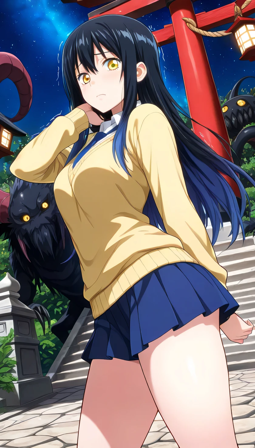 {{{masterpiece}}}, (best quality:1.5), (ultra-detailed:1.5), {illustration}, {{an extremely delicate and beautiful}}, (beautiful detailed eyes:1.6), absurdres, highres, extremely detailed face, 16k, hd, visual anime de uma jovem mulher, extremamente bonito rosto de anime, anime melhor garota, (perfect hands, perfect anatomy), anime face, Miko Yotsuya(Mieruko-Chan), 1girl, solo, cute face, Miko, long hair, black hair, blue hair, multicolored hair, hair between eyes, sidelocks, (yellow eyes:1.2), dark circles, medium breasts, big hips, curvaceous, BREAK, {school uniform}, yellow sweater, v neck sweater, long sleeves, yellow sleeves, white shirt, collared shirt, wing collar, blue necktie, tuck out sweater, pleated skirt, blue skirt, mini skirt, BREAK, There are a lot of ghosts around the woman, trembling, scared face, walking, looking at viewer, outdoor, shinto shrine, bonodori, stone walkway, torii, lantern, month, night, night sky, star, cowboy shot, (monster:1.5), (monster background:1.8), (from side:1.5), (peer in from below:1.3)