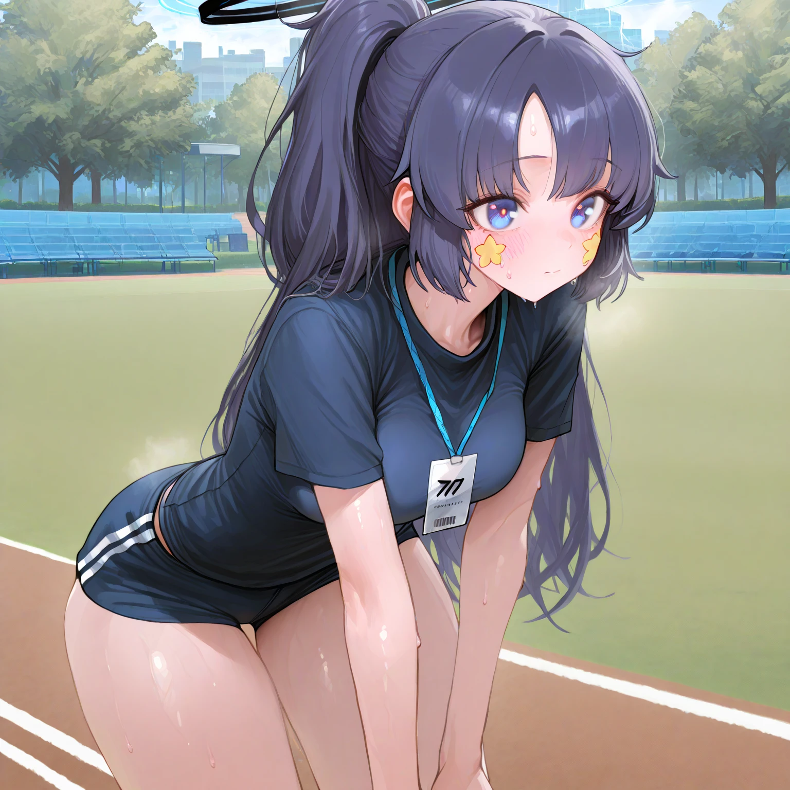 ((best quality)), ((masterpiece)), (detailed), (((perfect face))), ((slender 16yo teenage girl)), (((wearing short black cycling shorts))), ((medium breasts)), ((brunette)), ((ponytail)), ((((topless)))), (((blue eyes))), ((shy:1.3)), ((blushing:1.5)), ((skinny thighs)), ((skinny hips)), (((girl looking away))), ((bare stomach)), ((bare arms)), ((bare shoulders)), (((tennis court, city buildings in background))), (((wearing sneakers)))