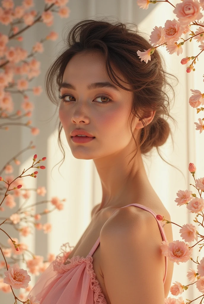 anikaxxx "A beautiful woman with flawless skin and a serene expression is posing with her eyes closed against a soft, dreamy pink background with bokeh lights. Her makeup is subtle and enhances her natural beauty, with a soft glow on her cheeks and perfectly shaped eye