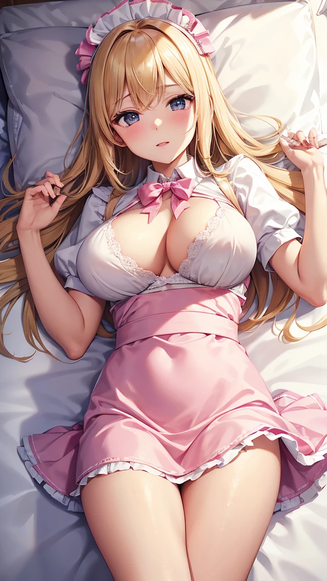 anime styled, High definition illustration, Perfect drawing, Anatomically accurate drawing, alice in the wonderland, 森のベッドに横たわっている美しいブロンドのgirl with, ((seminude:1.5)), Curta, A light blue dress with a simple design and frills., Layering white apron dresses,girl withは幸せそうに目を閉じてぐっすり眠っています., girl with'The apron dress or skirt is exposed and the pants are visible.., Rest in peace, morpheus,((sound sleep:1.5)), He opens his mouth slightly and breathes peacefully..,Closing both eyes,Headband with light blue ribbon with white trim, The skirt of the dress is rolled up along with the apron., Expose panties., Cute and defenseless spread legs, Innocent sleeping face, White knee-high socks that reach above the knee, Breast bulge,Her nipple protrusions are slightly visible even through her clothes..,Cute poses
