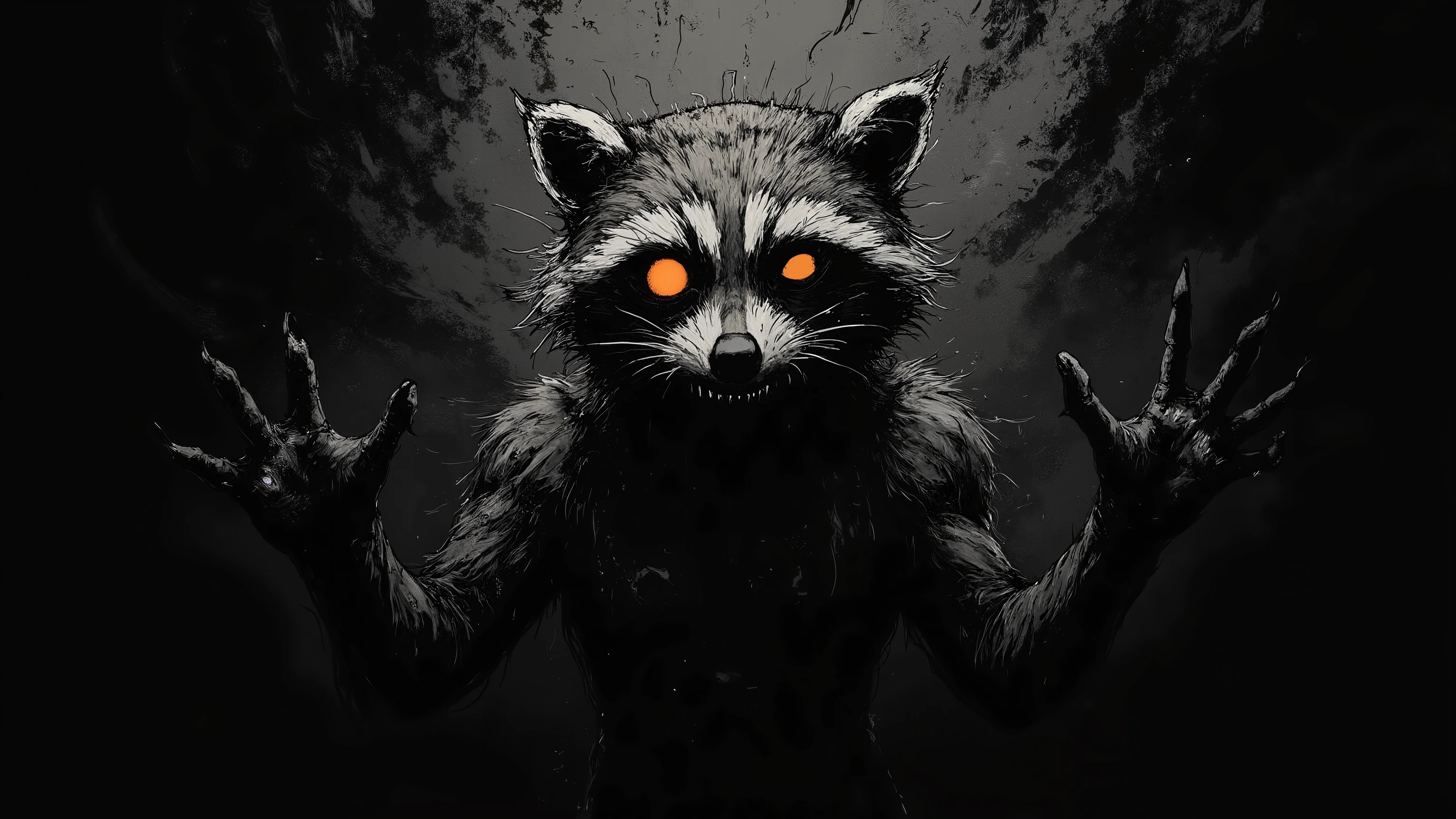 raccoon as a shadow demon, only glowing eyes visible in the darkness, surrounded by smoke and dark mist, horror movie aesthetic, minimalist but terrifying, high contrast, eerie atmosphere, dark surrealism