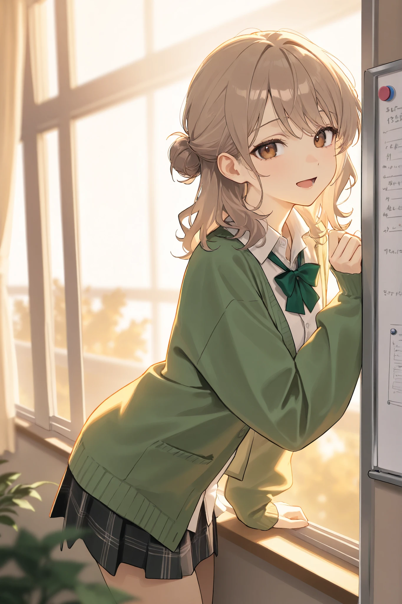 score_9, score_8_up, score_7_up, masterpiece, best quality, detailed face, 1 girl, solo, beautiful, modest chest, slender body, mature, light makeup, open mouth, gentle smile,
Light brown hair, brown eyes, medium hair, wavy hair, hair bun, white dress shirt inner, green cardigan outer, green bowtie, black plaid skirt, white thighighs, Indoor background, windows, curtains, classroom, looking outside window, whiteboard, afternoon, sunset, indoor plant, depth of field, bloom, soft lighting, best composition, dynamic, close up view, from the front, from the side, standing, leaning on wall