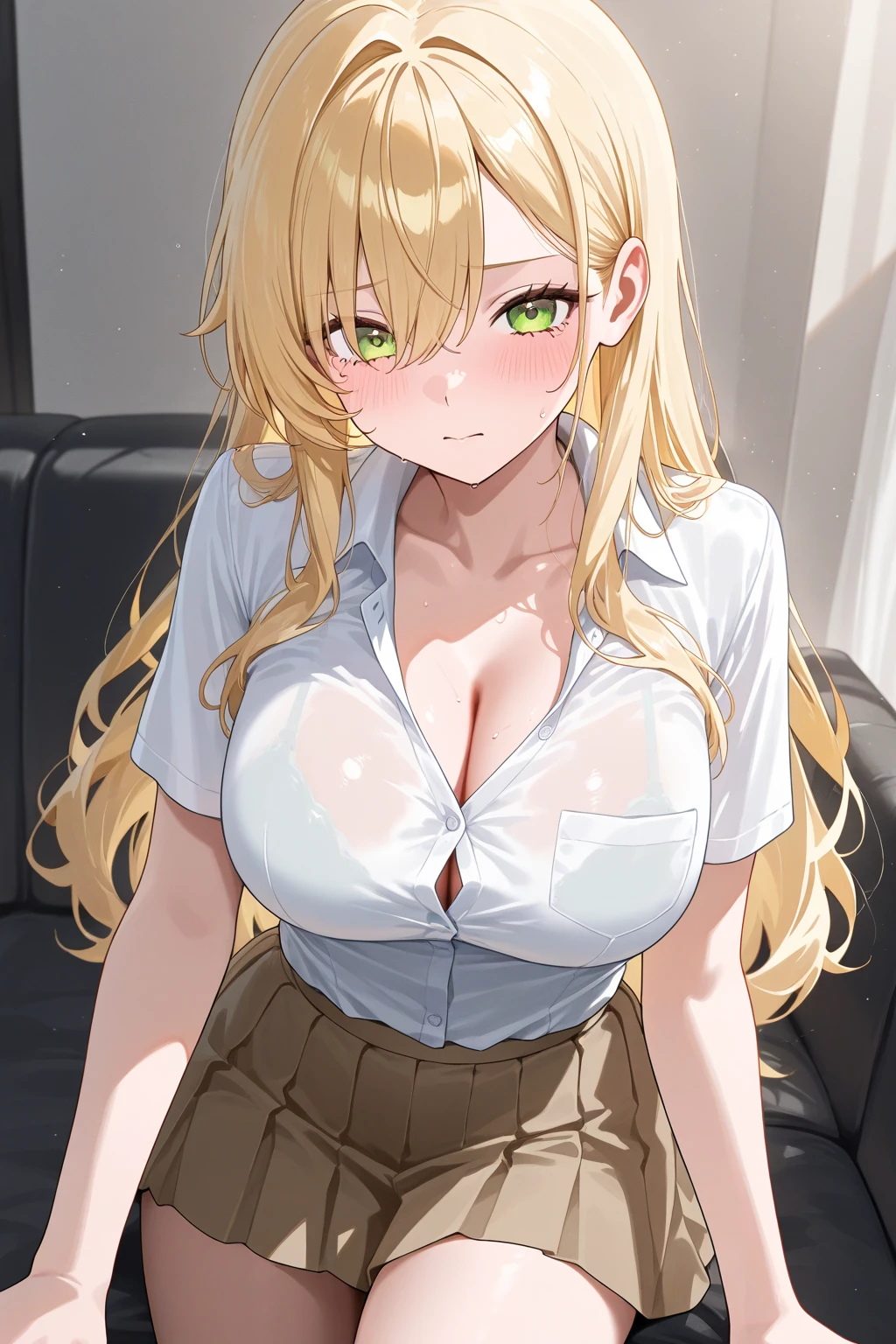 masterpiece, best quality, finely detailed, 1girl, (blonde), (bishoujo), cute, (green eyes), (eyelashes), (huge breasts), (cleavage), (white shirt:1.2), (open shirt), sitting on a sofa, lamp, window, night, delicate interior design,