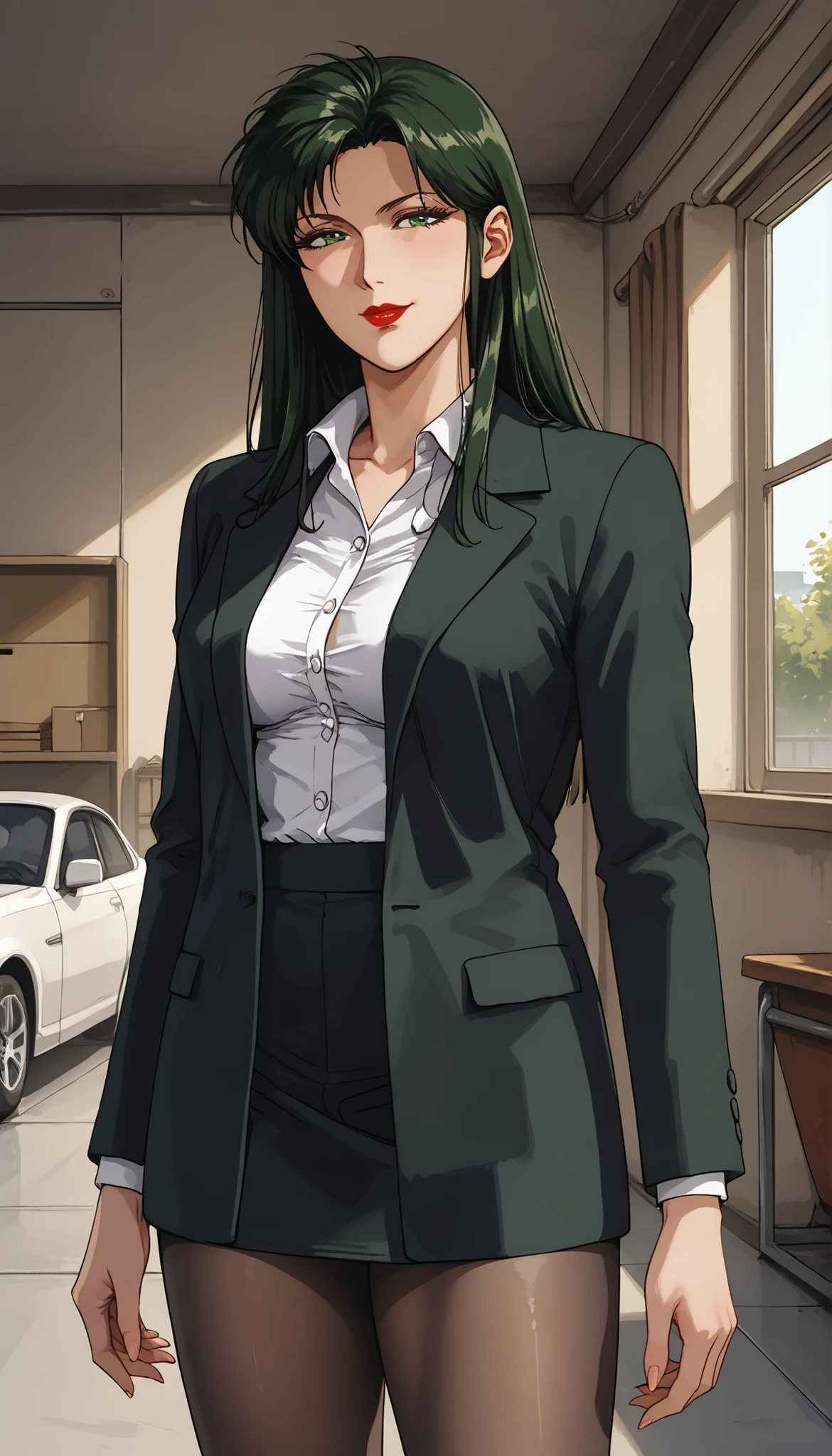 score_9, score_8_up, score_7_up, Room, indoor, garage roof, Mature Woman, lean forward, 魅惑的な笑顔, with her mouth closed, green hair, long hair, dark green eyes, red lips, business suit, medium breasted, standing miniskirt, pantyhose,