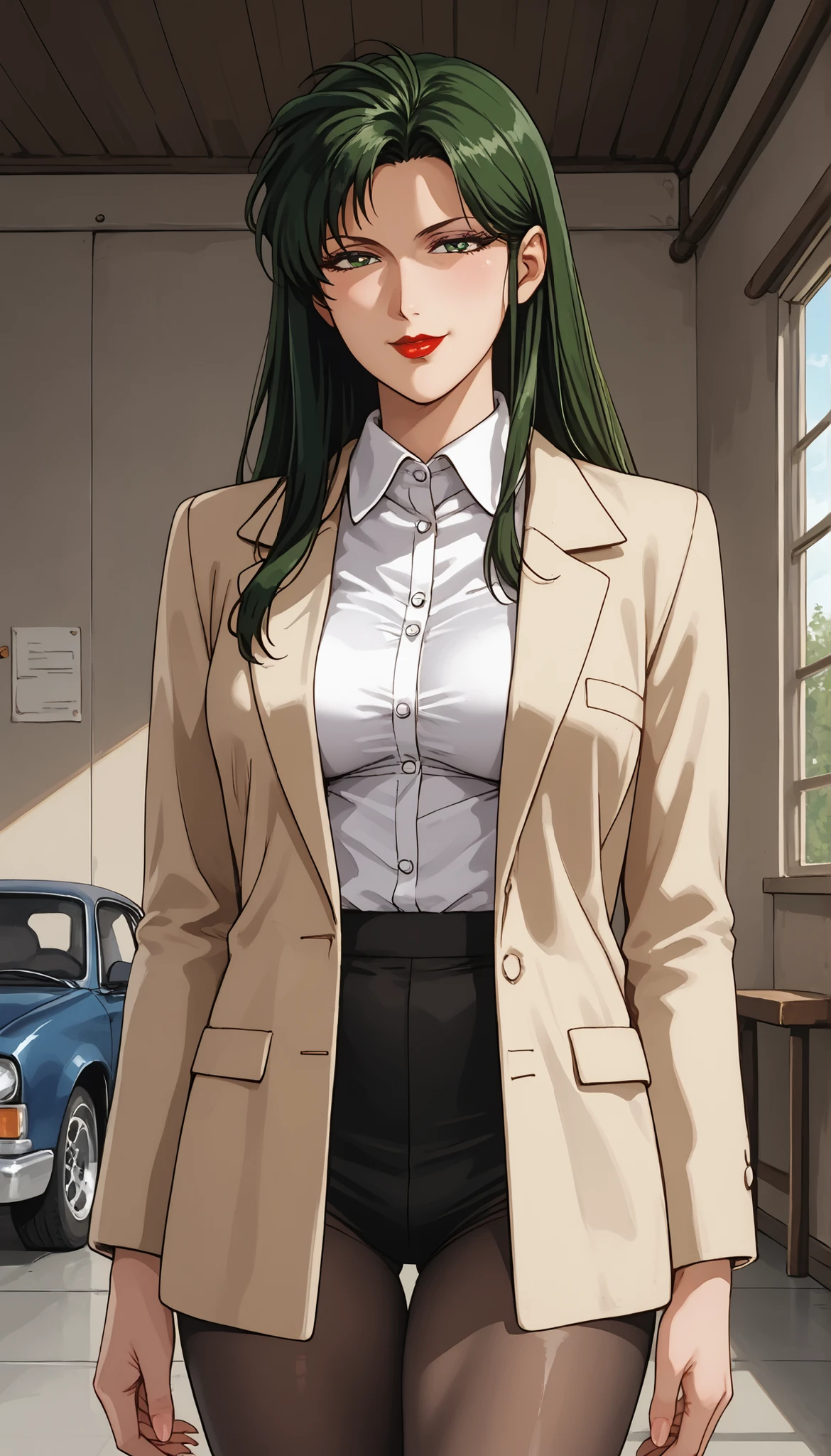 score_9, score_8_up, score_7_up, Room, indoor, garage roof, Mature Woman, lean forward, 魅惑的な笑顔, with her mouth closed, green hair, long hair, dark green eyes, red lips, business suit, medium breasted, standing miniskirt, pantyhose,