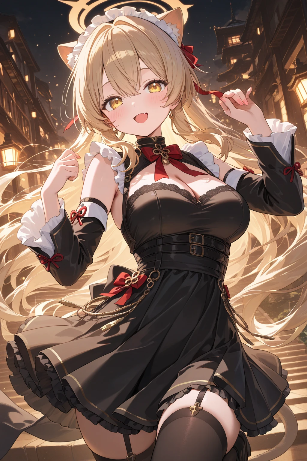Masterpiece、16K、Highest quality、((Detailed face、Detailed eyes))、Epic Seven Style、Sharp golden eyes、Detailed eyes「((Tied in a side ponytail))Long orange hairstyle」、Detailed illustration of a female character wearing a mix of traditional Japanese and gothic style clothing。Standing posture。The costumes are、A black top with red accents on a long detached kimono、Ruffled white miniskirt、Black strappy long boots、(((Fishnet stockings on the left leg)))、(((The right leg is bare and has a belt wrapped around it.)))。She also、She wears a black choker and a red ribbon.、A black long-sleeved kimono cut off。