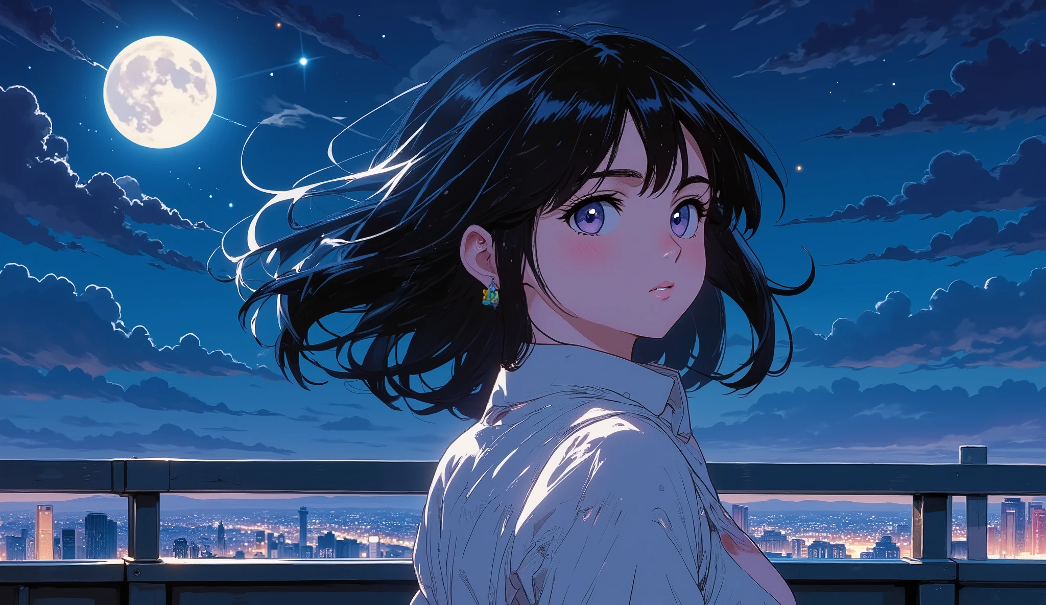 80's retro anime style, beautiful girl as the main focus, standing under the glowing full moon at night.  
Her long hair is gently blowing in the wind, expressing a bittersweet and melancholic feeling.  
She wears a white blouse and skirt that flow softly in the breeze.  
Background is minimal, soft night sky with a shining moon, subtle hints of city skyline far away.  
Dreamy, nostalgic, cinematic composition, pastel tones, VHS anime aesthetic.  
