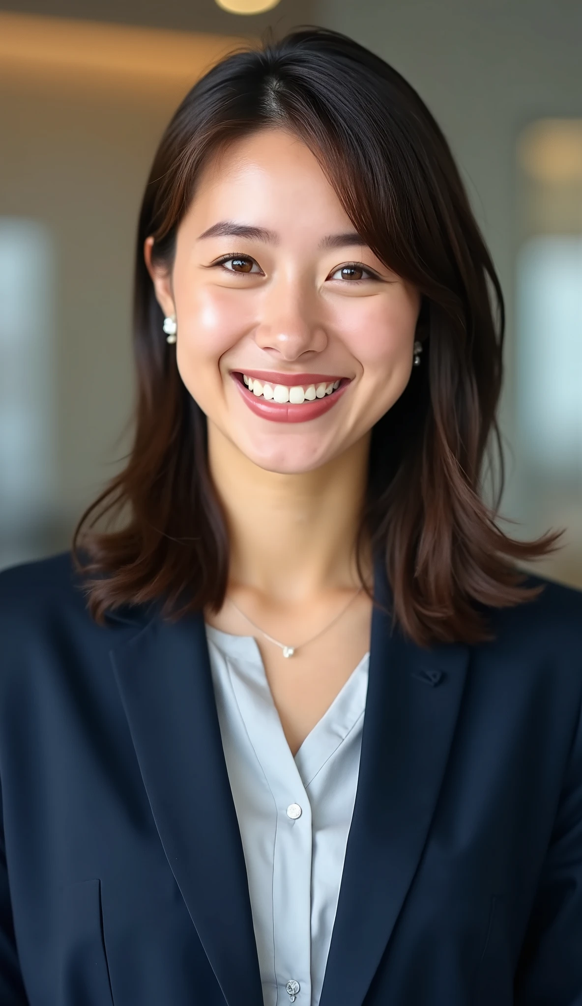 Neat Young Woman、and look at the camera、office lady suit、jacket、shirt、ネックレス、、ear piercing、、smile showing teeth、顔のクローズアップ、背景はオフィス
