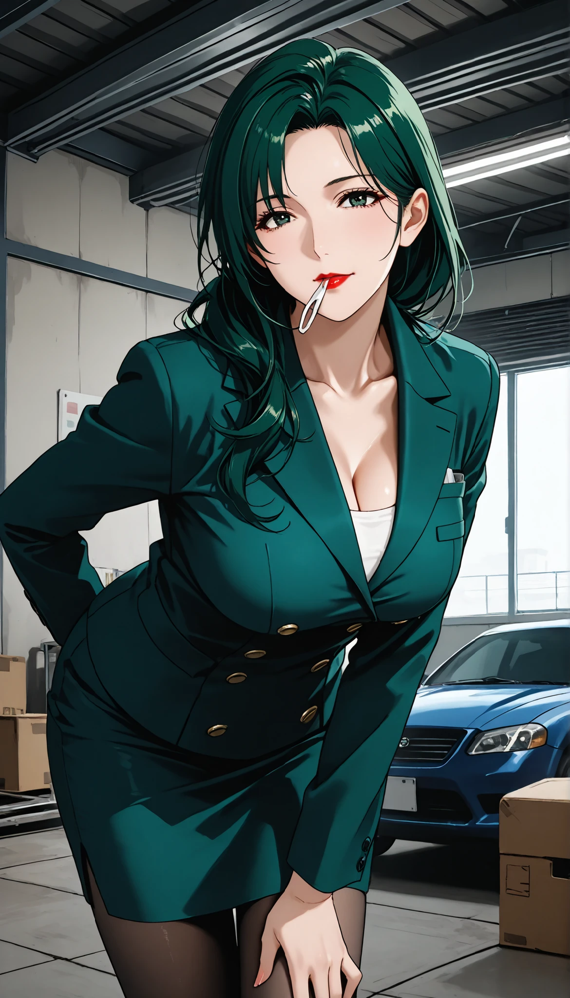 score_9, score_8_up, score_7_up, Room, indoor, garage roof, Mature Woman, lean forward, 魅惑的な笑顔, with her mouth closed, green hair, long hair, dark green eyes, red lips, business suit, medium breasted, standing miniskirt, pantyhose,