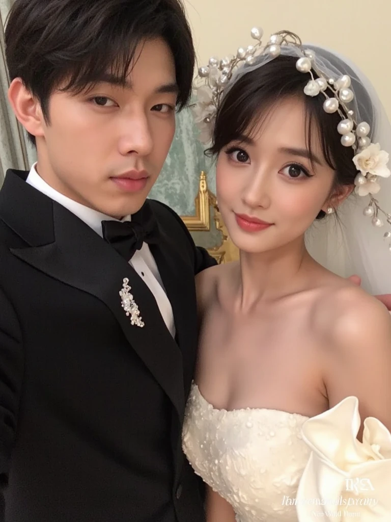 A man and a woman pose for a photo in formal attire, wedding photo, ,photoshoot, cute couple, Chinese big breasts, modern day, Beautuful Women, cool guy, Cinema lenses，fresh flowers