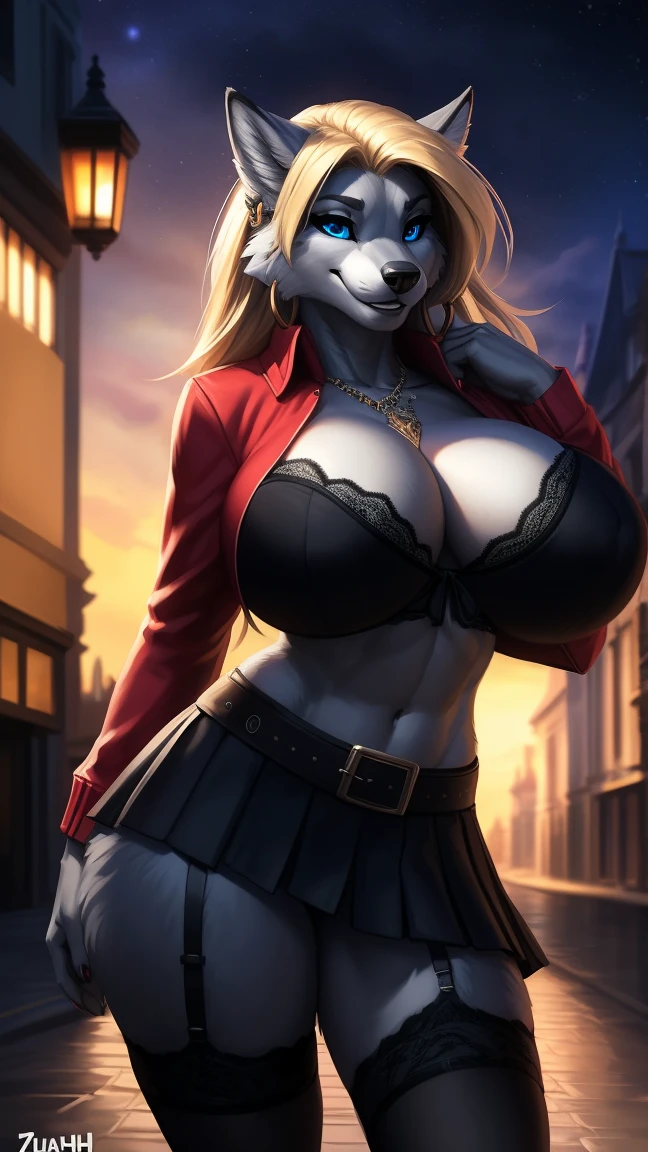sfw, uploaded the e621, beautiful and detailed,woman (((female))) ((anthro)) wolf Lykaios, Ross Tran, by ruan jia, by zaush, by foxovh, lighting cinematic, seductor, wolf Lykaios, dark fur, thighighs, (huge chest) foxovh 1girls ai_generated masterpiece:1.2, best quality, realistic, (real picture, intricate details, depth of field), beautiful blonde woman, she has striking blue eyes, highly-detailed, perfect face, (huge breasts:1.5), (skindentation), thick thighs, wide hips, small waist, tall, (huge ass:1.2), blushing, sexy, Detailed body , (Detailed face:1.1), (perfect aig chest:1.3), thick eyelashes, long eyeslashes.Perfect dynamic composition, (gals:1.2), cleavage, Jewelry, earrings, Red jacket, Open your clothes, Tied shirt, tented shirt, Unbuttoned shirt, bra peek, Lace-trimmed bra, Belt bag, Belt bag, Pleated skirt, Lace-trimmed legwear, garter strap, See-through, hoop earrings, Gal, Evil smile, Seductive smile, blush, Pose Seductive, (Seductive smile:1.4), thick lips, Street, night sky 8k, 4K, masterpiece, Best Quality, Fantasy, Extremely detailed, Convoluted, Hyper Detailed, Detailed eyes, (Perfect face), Illustration, Soft lighting, (Specular lighting:1.2), Looking at Viewer, SFW,