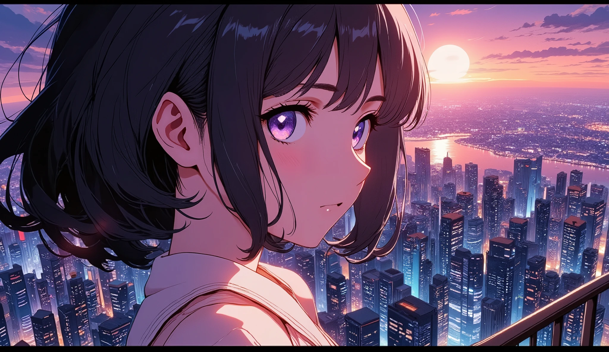 80's retro anime style, beautiful melancholic girl standing in the neon-lit city at night.  
Soft wind blowing through her long hair, wearing a light summer dress or casual city fashion.  
She looks slightly sad, gazing at the glowing moon above skyscrapers.  
Warm pastel colors with a dreamy, nostalgic mood.  
Cinematic composition, soft lighting, delicate details, VHS anime aesthetic.  
