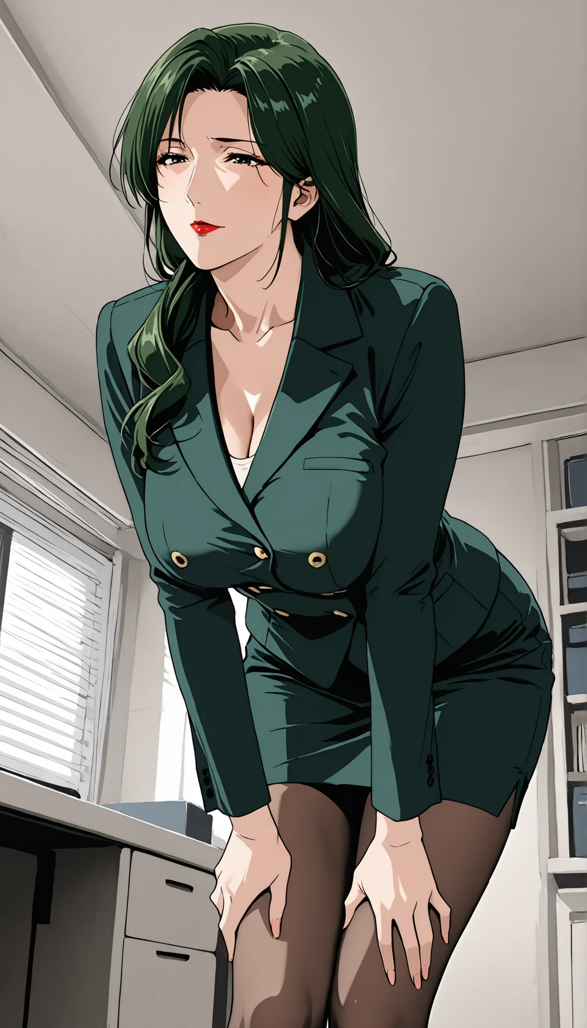 score_9, score_8_up, score_7_up, Room, indoor, garage roof, Mature Woman, lean forward, 魅惑的な笑顔, with her mouth closed, green hair, long hair, dark green eyes, red lips, business suit, medium breasted, standing miniskirt, pantyhose,