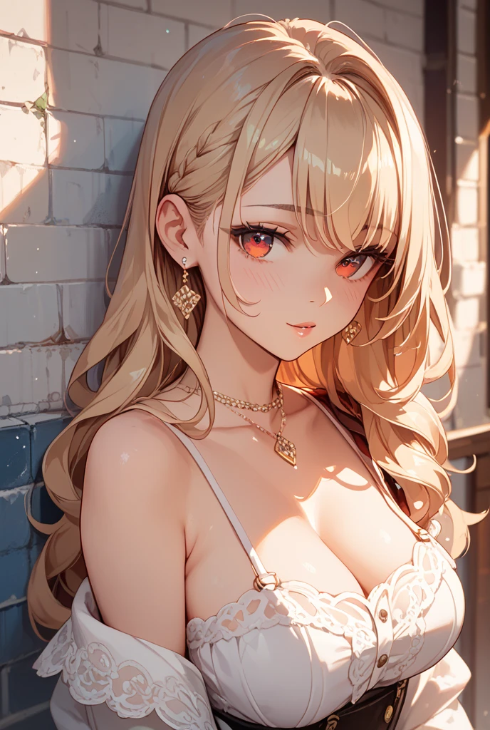 ((Лучшее качество)), ((шедевр)), (подробный), ((((masterpiece)))), ((((high quality)))), anime, solo, oshino shinobu, blonde hair, (((seductive look))), busty, flashing breasts, nipples, decolete, white shirt, nightgown, ((half body)), look at viewer