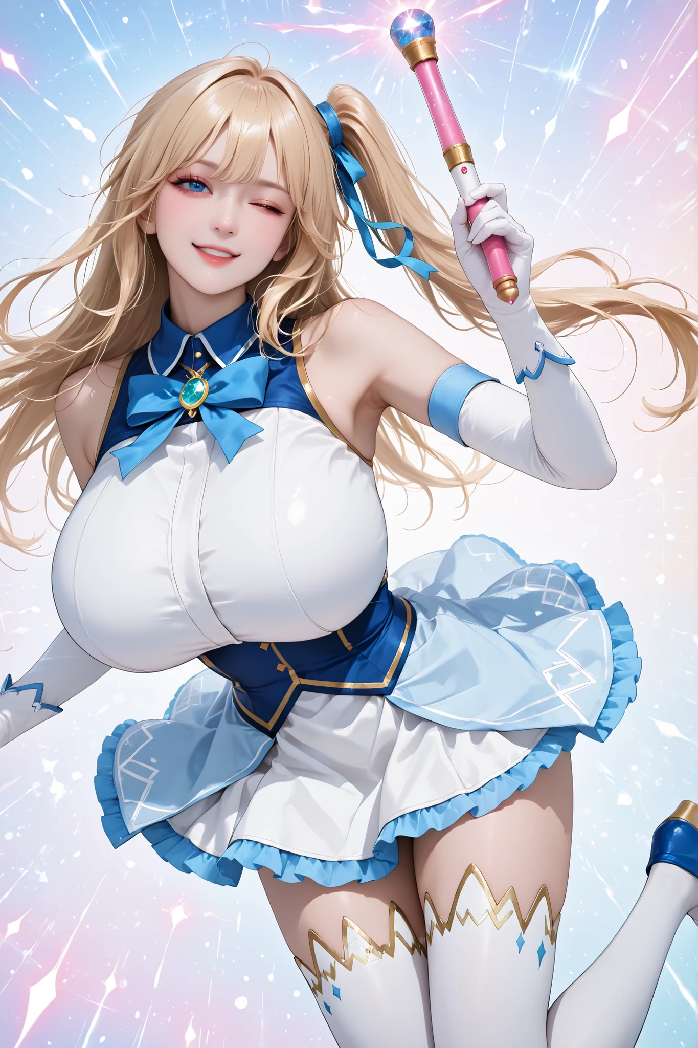 masterpiece, best quality, extremely detailed CG unity 8k wallpaper,((Upper Body)) ,((Upper Body head close-up shot of a beautiful girl)), , Elegant Long straight blonde hair, (Mckenna Grace), ((gigantic breasts,Plump,Thick thighs,Autoluminescence skin)),Transparent (purple-blue) golden (Glittering tutu,long Bunny Ear Headgear, , Bow-tie, No panties, genitals visible), ((,spread legs)),(), (Blush), , (seductive smile), (A world of ice and snow), pretty face, key art, award winning, intricate detail realism hdr, by (ruan jia and artgerm and range murata), Photorealism, Hyperrealism, ultra realistic, dramatic light, intense shadows, gorgeous view, depth of field