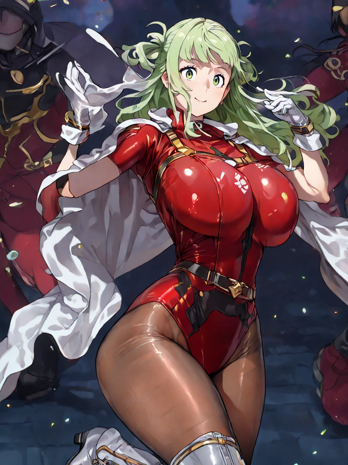 um desenho de anime de uma garota sexy com roupas pretas e laranja, armadura feminina, arm extended with elbow joint pointing upwards, 1 garota, seios, luvas, Sozinho, large seios, olhando para o espectador, sorriso, black luvas, Cabelo longo, Cabelo prateado, pele roxa, Yelow olhos