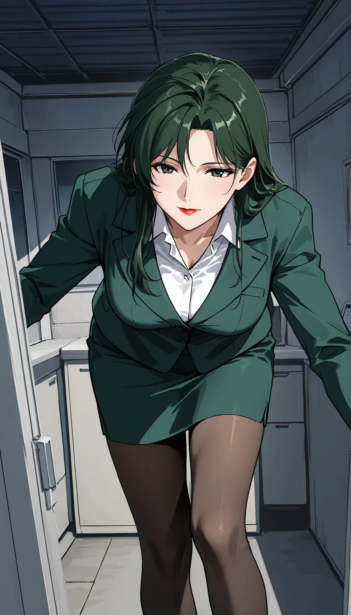 score_9, score_8_up, score_7_up, Room, indoor, garage roof, Mature Woman, lean forward, 魅惑的な笑顔, with her mouth closed, green hair, long hair, dark green eyes, red lips, business suit, medium breasted, standing miniskirt, pantyhose,