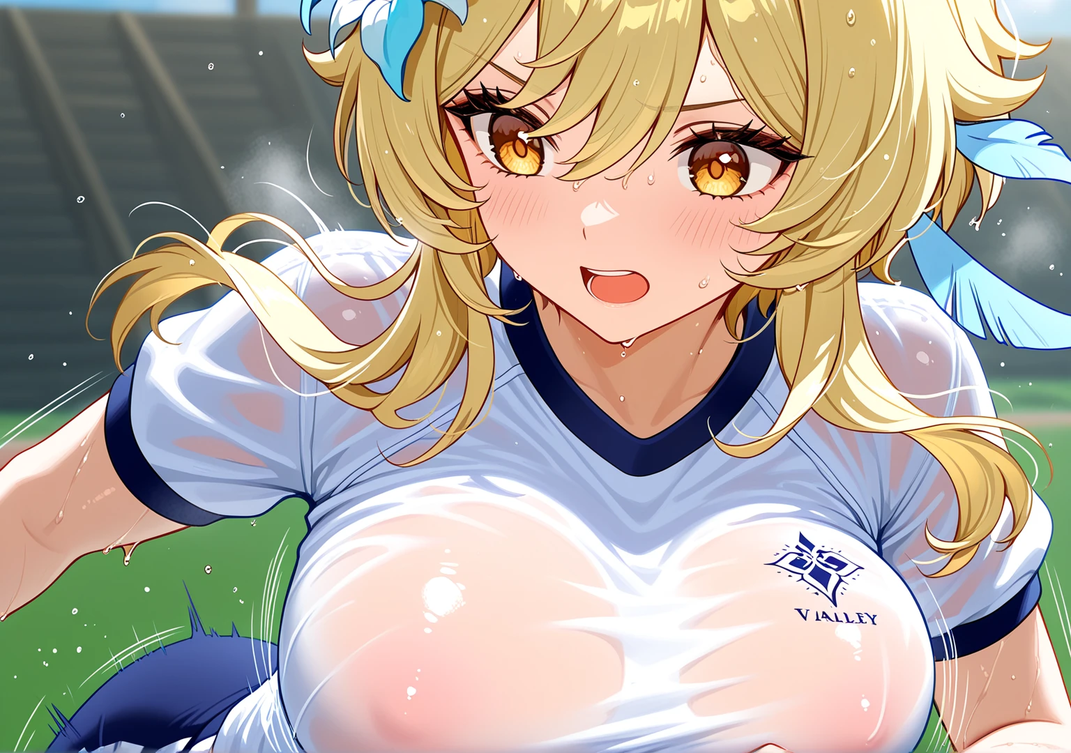 {{{masterpiece}}}, {{{highest quality}}}, {{Very detailed}}, {shape},(highest quality:1.3), Blonde girl with ponytail gives titjob, throw, 1 boy, Penis between breasts, My chest feels tight, Wet penis , Cleavage, Bedroom, storehouse, Sweaty, Big Breasts, Moving lines, Mischievous Smile, belly button, Play sports often,Secretion of milk,milk,get wet,Sweaty,Off-the-shoulder sweater,Cleavage,Denim shorts,