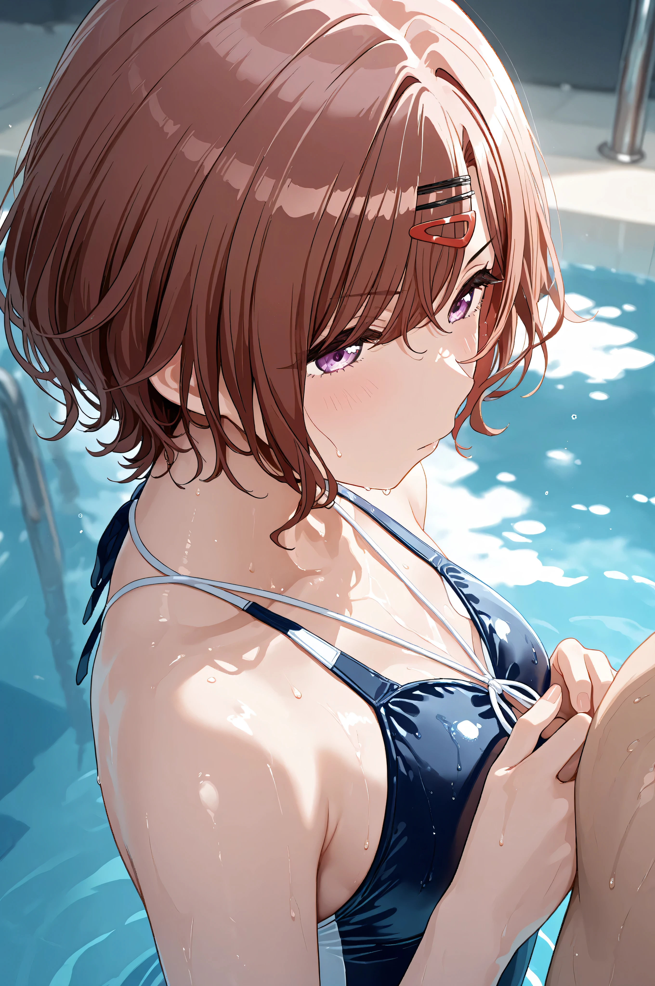 (masuter piece:1.2、top-quality)、(Live action、Intricate details)、(1lady、独奏、The upper part of the body、Colossal tits) garments: Edgy、Avant-garde、Experimental appearance: Shaved head or bold hair color、Naked Alafed Asian Woman Sitting By Pool