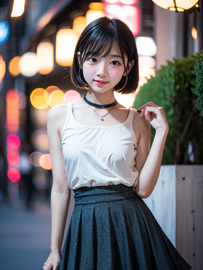 (Highest quality, masterpiece, Ultra-high resolution, 8K, RAW Photos, Realistic, Anatomically correct:1.5), (Stainless steel round bar fence:1.0, Put your elbow on the fence:1.2, 20-year-old、 Embarrassing, avert your eyes, blush:1.0, View Viewer, ((bar)) 、Night view、 Light:1.2, Bokeh, Cinema Lighting:1.0, Depth of written boundary, sharp、 Cute face、Idol、Black short sleeve lace top、Black pleated skirt、Black clothing、”dwarf”、(Floral clothes)、Full Body Shot、Cowboy Shot、(( smile))、(Ultra short hair)、 short hair, (Blunt bangs: 1.2)、(( One Girl))