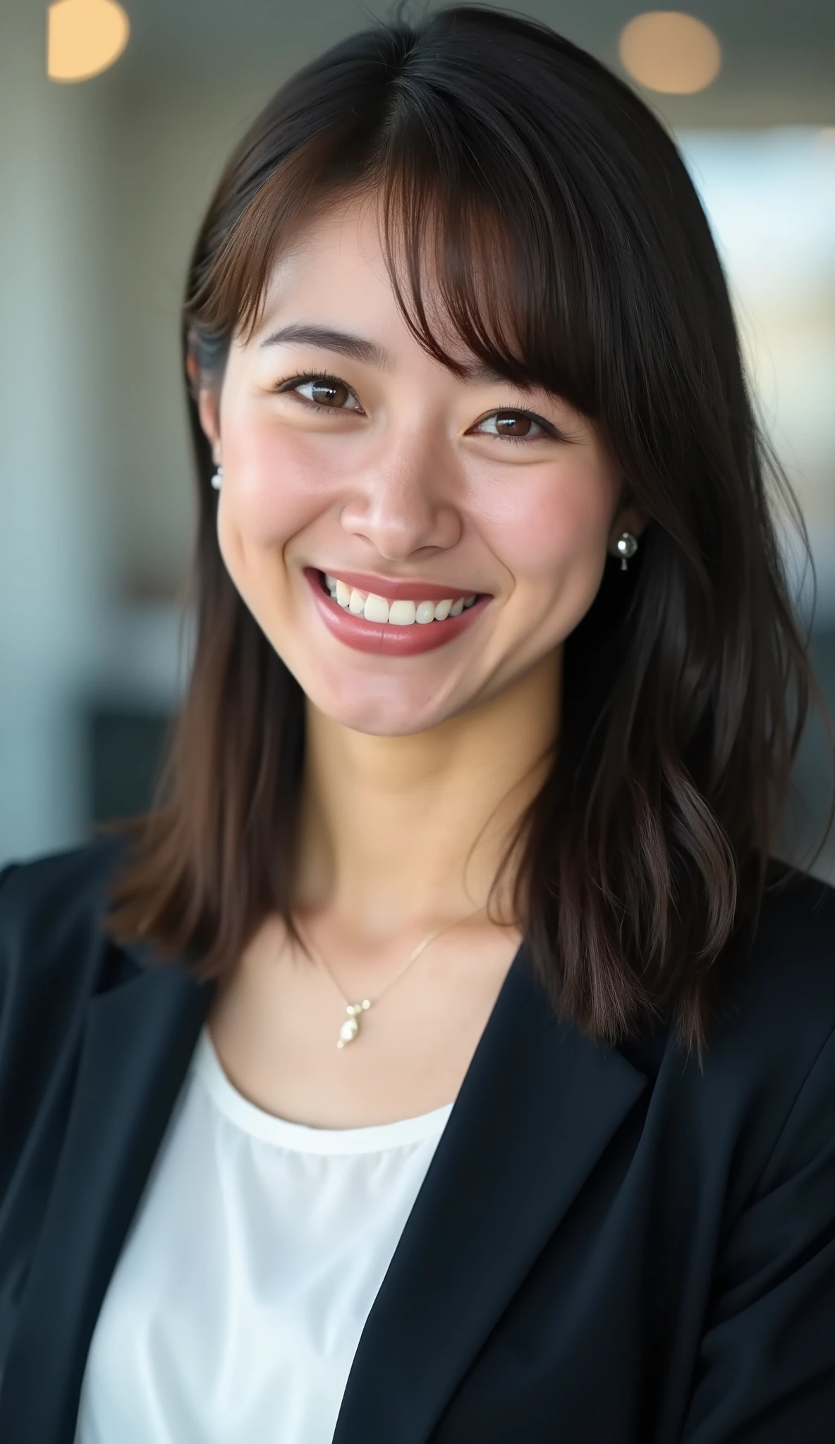 Neat Young Woman、and look at the camera、office lady suit、jacket、shirt、ネックレス、、ear piercing、、smile showing teeth、顔のクローズアップ、背景はオフィス
