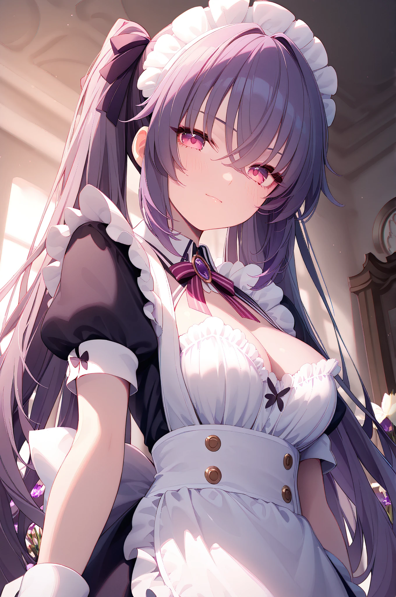 Wolf Woman, Big Breasts, Voluminous purple hair, One girl, masterpiece , Red eyes、Double teeth、tooth、Blushed cheeks、 hd, Head to Chest, buried in my chest、Underbust、Cleavage、Maid clotheaid Brim、Big Tits、Crossed bangs、Put in your chest 、Long ribbon tie