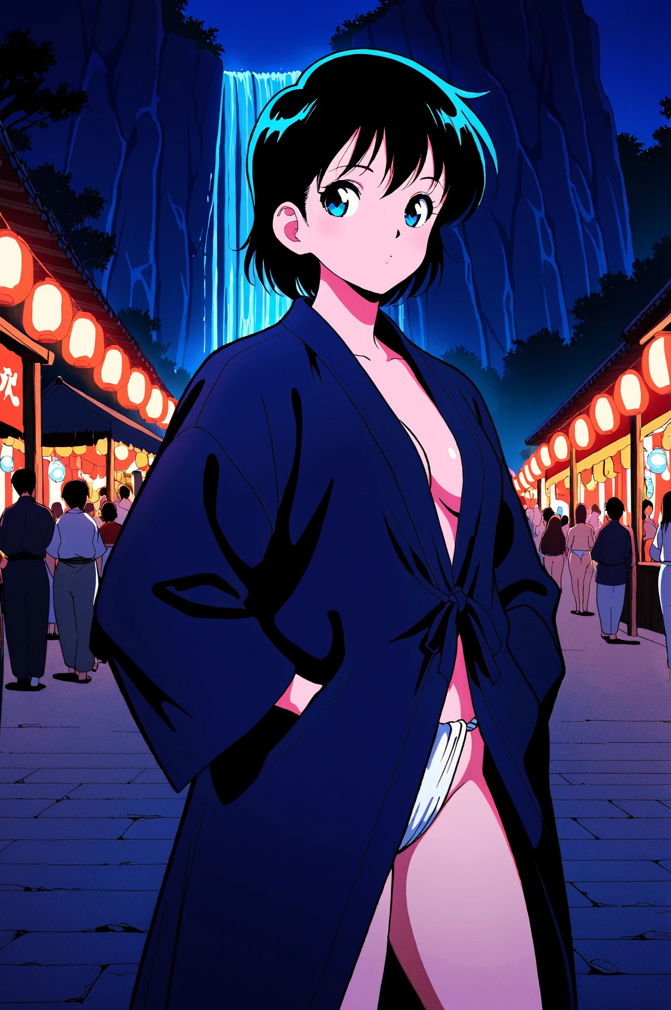 (((best quality)), ((masterpiece)), (detailed), 1girl, sexyhighest quality, masterpiece, Very detailed, Detailed Background, アニメ, One girl, Young girl, Sexy Girls, Black Hair Girl, Atmospheric lighting, Focus Only, close Depth of written boundary, bokeh 1990年代アニメ 1980年代アニメ 1980Period Fashion City Pop Beautiful eyes Nipples Belly button naked pubic hair B90,W60,H90 White Skin Pink lighting Bag position Stabbed from behind Disturbed Hip Swing A pleasant face Ecstasy face