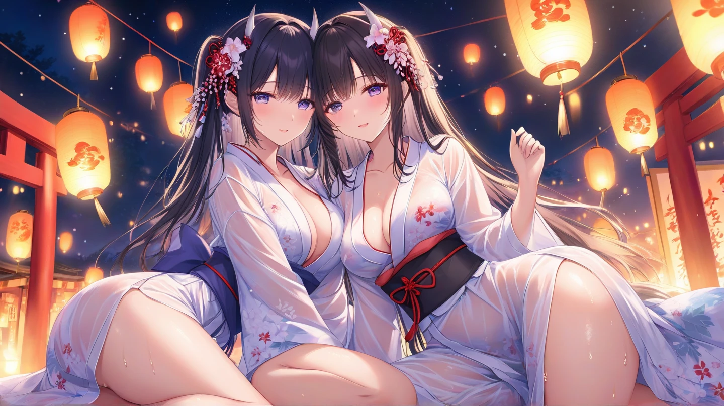 masterpiece, ultra quality, 4K, Extremely delicate and beautiful girl,Extremely delicate and beautiful, world masterpiece theater, Extremely detailed, Very detailed, best quality, High resolution, Very detailed,(loli:1.5),tiny, ((black long hair)),(blunt bangs:1.5,hair over eyes:1.4),(((petite body,skinny))),(huge gigantic breasts:1.4,cleavage), (yukata:1.3,micro bikini:1.4),(wariza:1.3),(from front:1.7),japanese room,night,moon light,view from window,full moon,shining moon light,