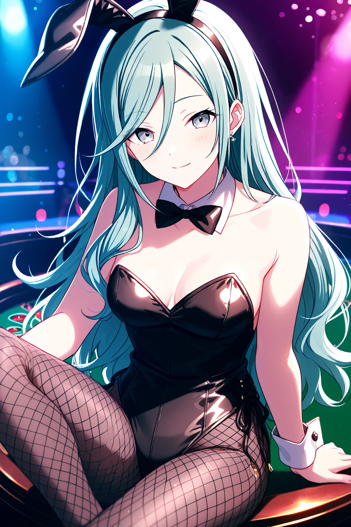 NSFW,masterpiece,Highest quality,High resolution,Super detailed,Shiro \(no game No life\),Long Hair,Multicolored Hair,Hair between the eyes,Gradient Hair,Yellow Eyes,Flat Chest,Bunny ears,Playboy Bunny,Streaks,casino,Embarrassed,blush,Leg spread