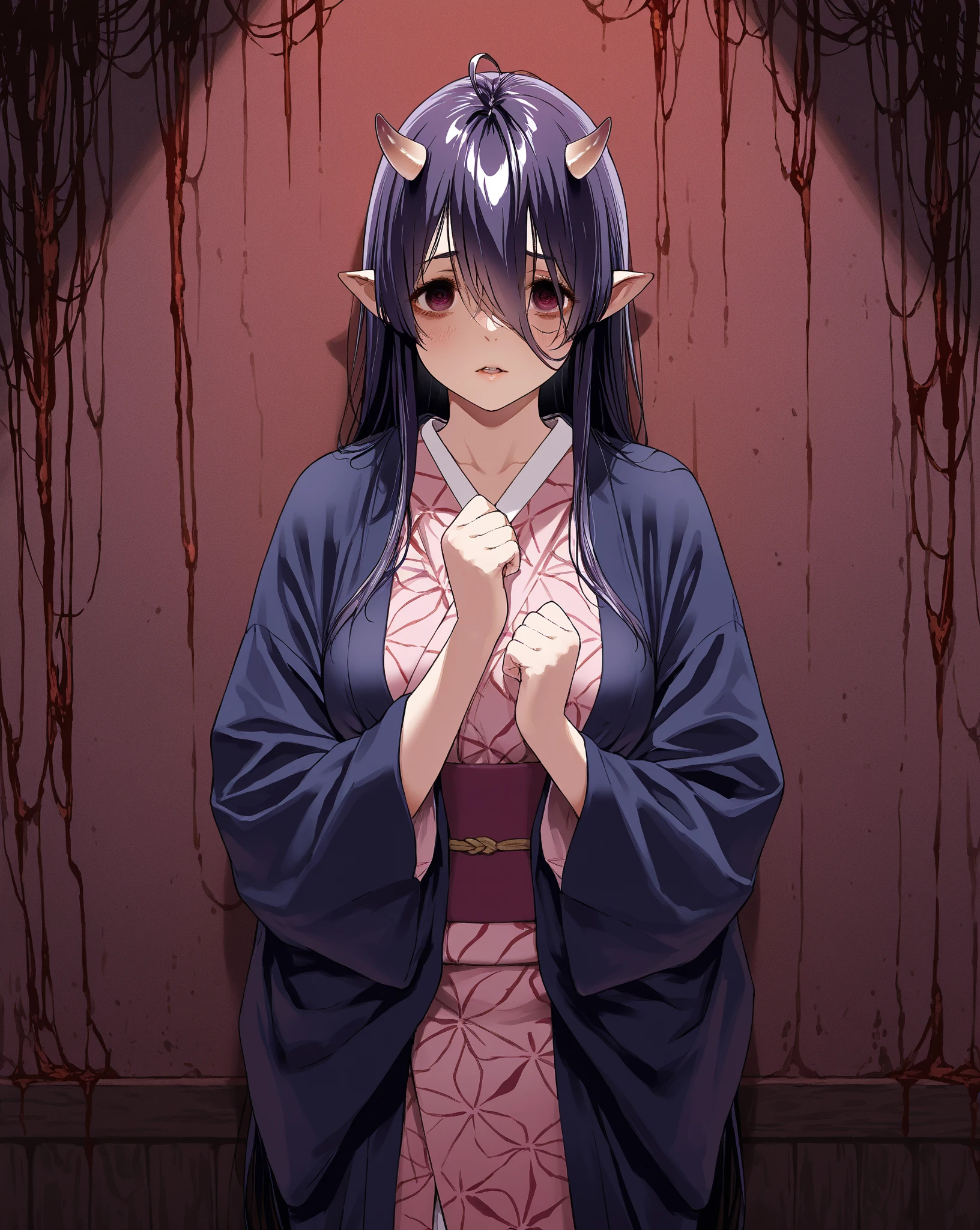 score_9, score_8_up, score_7_up, score_6_up, score_5_up, score_4_up,perfect hands, (1girl,solo),Fushikawa Kokoro, black hair, double bun, blunt bangs, twintails, pink eyes,pink kimono, obi,(flat :0.8),(slim legs),,(blush:0.5),(scared:1.1),(disgust:0.8),(crying:1.2),japanese-style room, rating_, , (looking at the boy),lying,small ,(trembling:1),(turn pale:0.7),(3boy),(),( on ), grabing arm, on face, on cloth, on hair, on body,one eye half closed,(teeth:0.5)