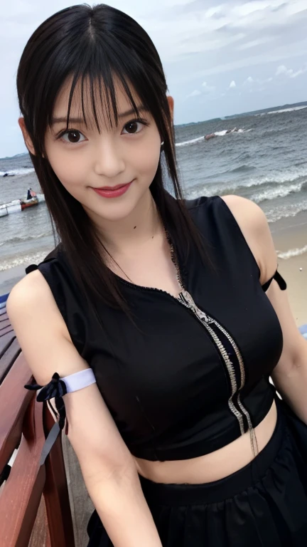 (8K, Raw photo, Best Quality, masutepiece:1.2), ultra-detailliert, 超A high resolution, (Realistic, photographrealistic:1.37), Portrait, high-definition RAW color photography, professional photograpy, extremely delicate and beautiful, Extremely detailed, 8K Wallpaper, amazing, finely detail, Huge file size, Official art, Highly detailed CG Unity 8K wallpaper, highly detailed beautiful girl, extra detailed face, extremely detailed eye, highlydetailed skin, extremely detailed fingers, highly detailed nose, highly detail mouth, Perfect Anatomy, Highly detailed background, Very detailed clothes, 1girl in, (20 years old:1.2), Cute Girl, famous,  Japanese Idol, kawaii, Realistic body, Shiny skin, Good figure, Black hair, Medium Hair, (Blunt bangs:1.2), Smile, Cute, 年轻, Cute face, Realistic face, beautifully detailed eyes, drooping eyes, (Black Bikini, Street :1.4),(From Bulma) (Hair ornaments:1.2), Face the front, kneel down on the ground, Hands on yours, With a captivating gaze, Large breasts, Large breasts, up close shot, Full body, Beautiful legs,