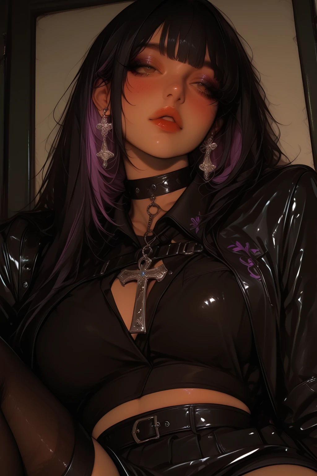 portrait of the (Wet milk:1.2) Purple hair, Cinematic, dark shot, Muted colors, lut, Insane details, Intricate details, hyperdetails, gros-plan, Twilight,Fine facial features, Photorealistic, High contrast, Best Quality, Gothic art, Mysterious, Intricate details, Erotic, acrobatic pose,highleg,Slender legs,((layers-Cut,Colossal tits:1.2)),long boots,gotik,Mystical,A sexy、