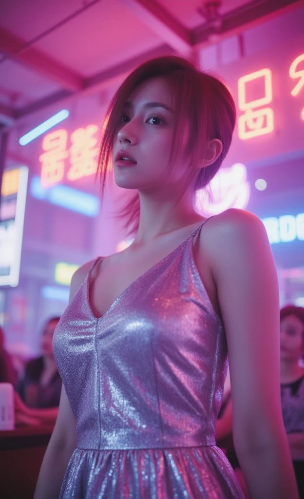 1girl, rosto detalhado, triste, holograma, vestido prateado futurista, coreana, estilo blade runner, 1984 dvd filme, cabelo rosa, cidade cyberpunk, futurista, led, vestido latex, 1984, ( obra de arte,realista, photorealista), (melhor qualidade), realista, cabelo longo.