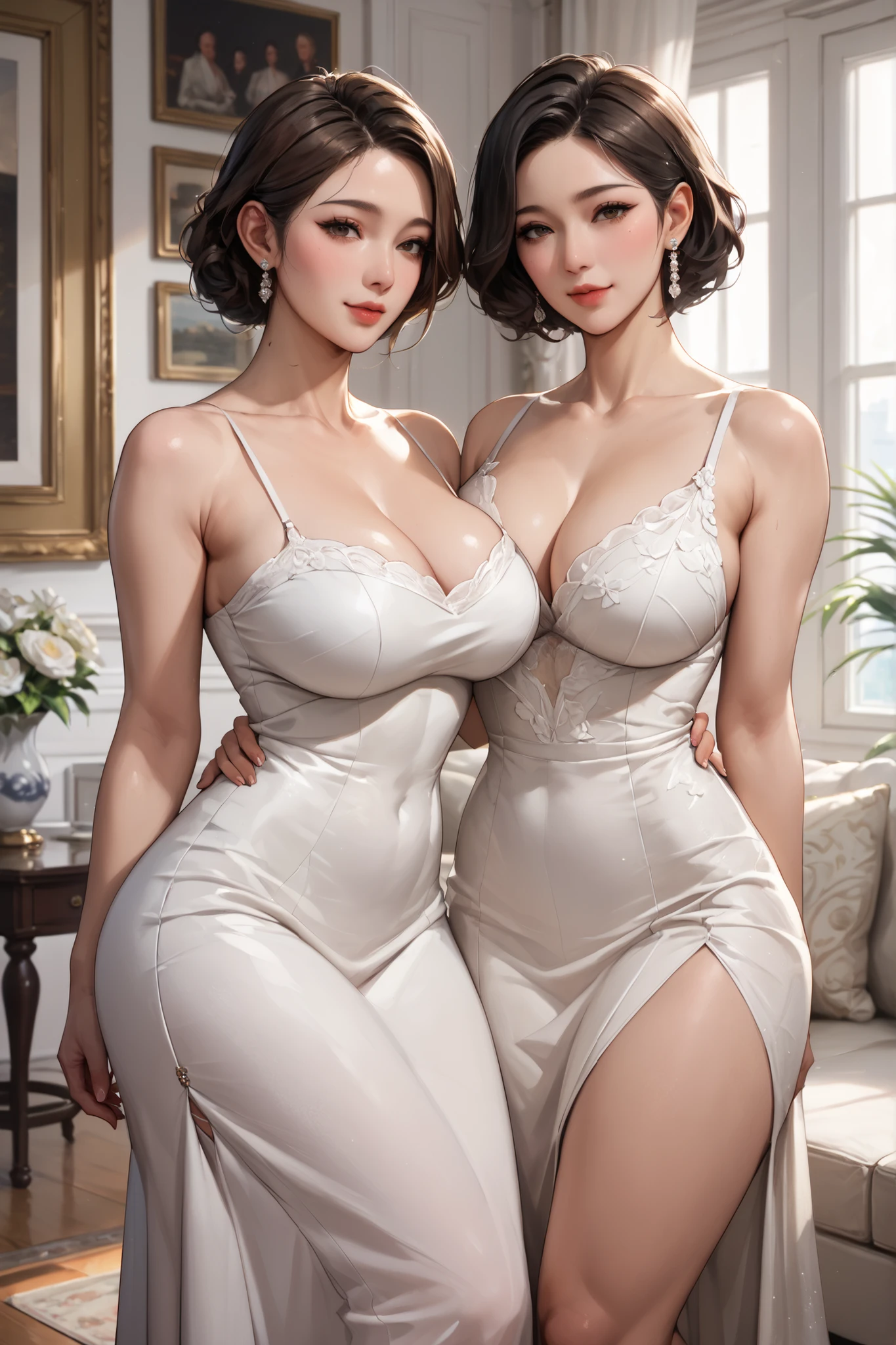 ((highest quality)), ((masterpiece)), (be familiar with), (perfect face), (beautiful symmetry face:2), (most beautiful face:2), (beautiful body:1.5), (ultra high resolution:2), (8k resolution:2), (super high detail:2), (non-nude:2.1), (huge breast:1.8), (very soft breast:2), (great cleavage:1.2), (natural soft cleavage:1.8), (big breasts overflow from dress:2), distinct cleavage, (accurate hands:1.5), (POV:1.8), (sexy high slit dress:1.8), (v-strings:2), (silver see-through sexy dress:1.8), (sexy figure:1.3), (perfect sexy proportion:1.7), (beautiful model proportion:2), (her breast facing to me:1.8), (gorgeous:2), (European princess:2), (forward-bent posture that emphasize breast:2), (leaning forward toward me:1.6), (beautiful abdomen like a model:1.8), (beautiful arm), (high detailed sexy party dress:1.8), gold dress, (extreme thin and high waist:1.8), (pose that emphasize breast:1.8), (seductive pose:1.5), (semi-short bob:1.4), (silvery pink hair:1.4), (kind smile:1.6), (crowd of girls:1.2), (huge window wall:1.7), (celebs girls party:1.8), (high detailed party hall:1.6), gray eyes, (transparent glass wall:1.3), (her gaze is on camera:1.9), gentle sunny lighting, (gorgeous bed room:1.2), bright bed room, photoreal, (waist shot:1.9), front light, navel is one, on bed, distinct outline like photo, (2girls:1.5), dazzling gorgeous dress and room, heart necklace,