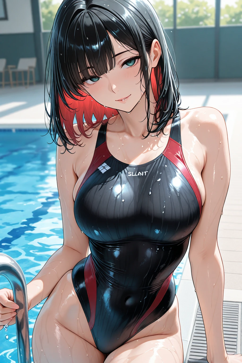 15 year old girl, solo, Wear a competition swimsuit that emphasizes your smiling buttocks、Masterpiece, top quality, realistic, Super detailed, (shiny skin, sweat: 1.4), Ridiculous, looking at the audience, dark short hair, brown eyes, thin and long, Dynamic light and shadow, high resolution, sharp focus, depth of field, Narrow eyes, sharp pupils, realistic学生, (Breasts are small: 1.6), (thigh thickness: 1.0), Indoor pool