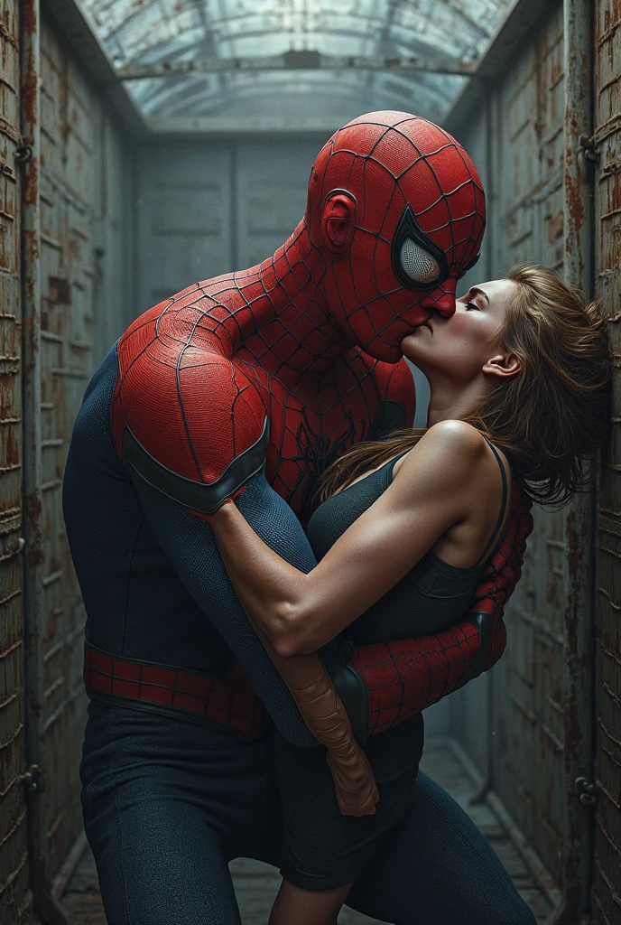 Spiderman is inserting his fingers in Mary Jane Watson’s vagina under her skirt, he is fingering her, she is in ecstasy, she is pregnant, intimate, kiss
