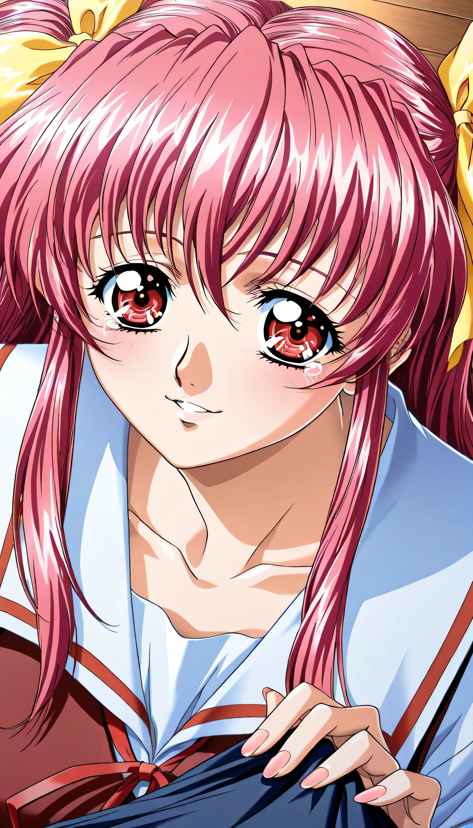 (Yokota Mamoru style),1 Girl,staring at viewers,Charming Smile,(portrait :1.4),masterpiece,Highest Quality, Kitsuneisaku, 1girl, Anime Coloring, solo, twin tails, long hair, pink hair, hair bow, yellow bow, long hair, red eyes, School Uniform, plaid skirt, red vest, sailor color, Red ribbon, medium chest, blush, Smile, parted lips, lying on my chest, shed tears, move your own thighs with your hands, skirt grab, Arm Up, flooring, Dutch angle,