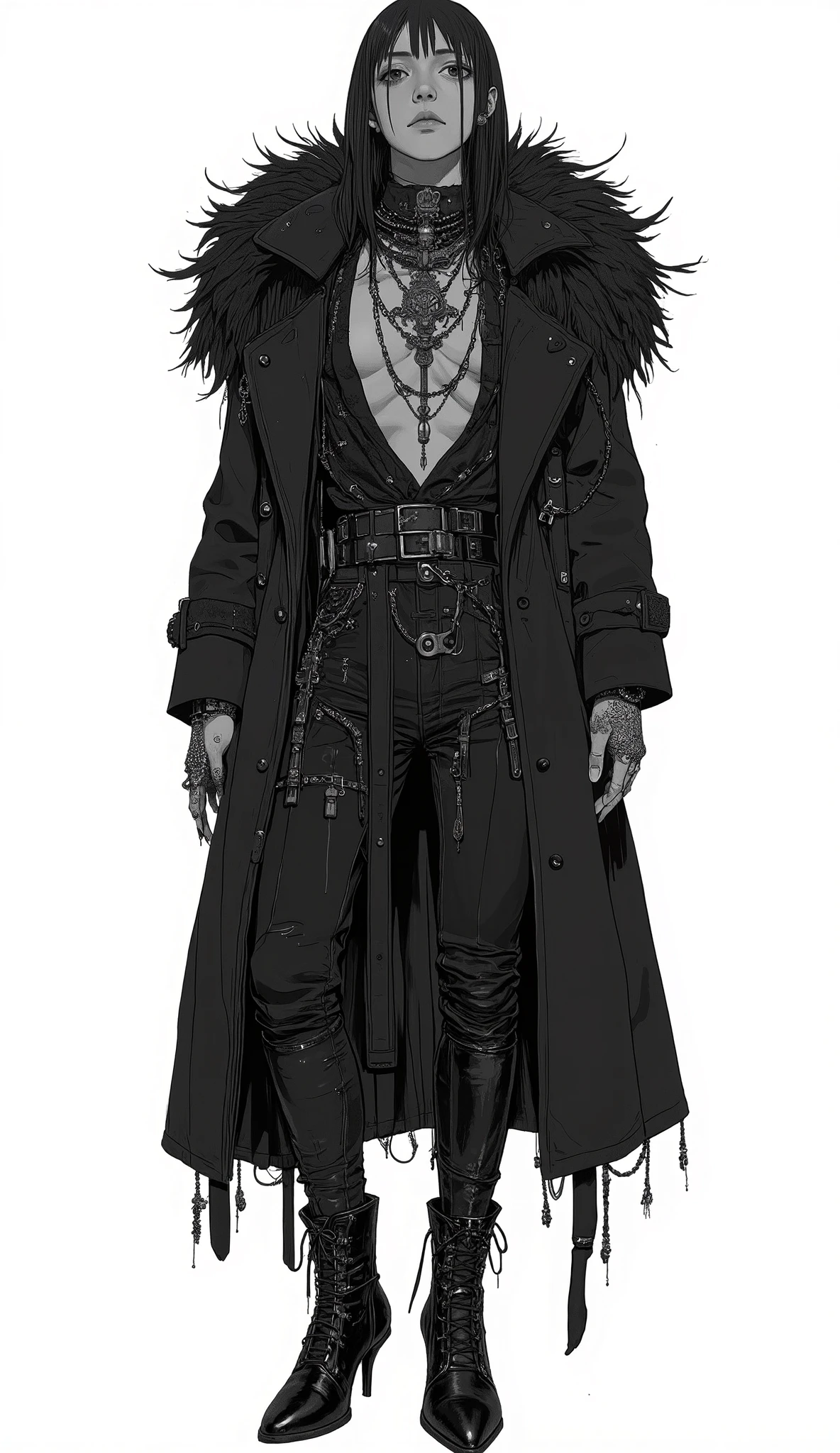 depicts full-body images of people wearing impressive clothes、, fashionable attire. Clothes are mostly black, features an oversized coat with dramatic feathered shoulders、, creates a bold and avant-garde vibe、. parallel, An elaborate necklace with a cross pendant adds detail and refinement、.
under his coat , The figure wears form-fitting pants accented with lace-up details、, inherits an elaborate styling theme、. black high-heeled boots It further enhances the refined silhouette of、. The composition is black and white, emphasizes the texture and layers of clothing without distractions、.
The background is plain light gray , so、emphasizes the elaborate design of clothing and the person's confident poses. and the overall vibe is dry and modern, is reminiscent of high fashion or editorial style、black and white photo-like silhouette,darkness、 vector SVG art , SVG illustration , SVG art , black and white vector art