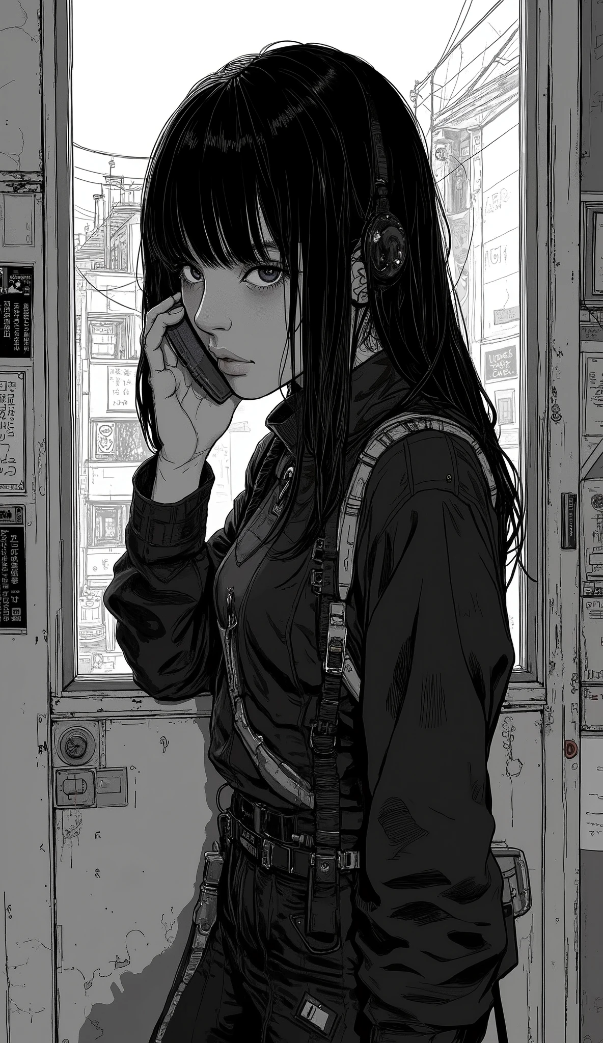There is a woman talking on a cell phone, Shohei Otomo, style of Hajime Isayama, 白黒comics風, Hajime Isayama, Zui Ishida art manga, urban girl fan art, Tsutomu Nihei style, Cold Hiroe 『black lagoon』comics, Create 、black and white photo-like silhouette,darkness、 vector SVG art , SVG illustration , SVG art , black and white vector art