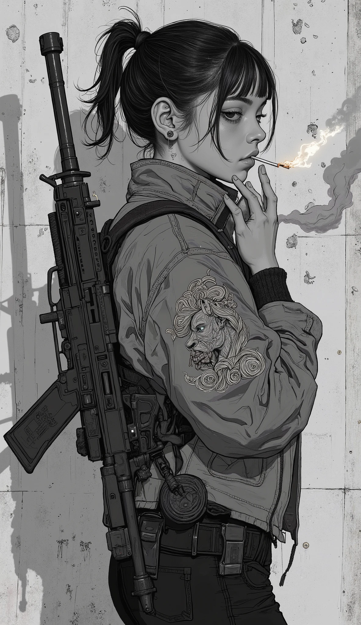 A young woman is standing against a textured concrete wall, casting clear shadows. She has a ponytail、Wears an impressive bomber jacket with intricate horse embroidery in the swirling waves, creates a subtle haze in a monochromatic scene expressed in high-contrast black and white. Exquisite embroidery adds a touch of elegance and strength to her sporty outfit. She has a large gun in her left hand, clasping with confidence, hold a cigarette in your right hand, streaks of smoke drifting upward, creates a subtle haze in a monochromatic scene. the lighting is soft, emphasizes the texture of both the fabric and wall surface. with glowing vines , is looking away with one hand close to her face, Suggesting contemplation and introspection, The image is mysterious and slightly edgy Adding atmosphere. The lack of color emphasizes a clear theme of isolation and strength.black and white photo-like silhouette,darkness、 vector SVG art , SVG illustration , SVG art , black and white vector art