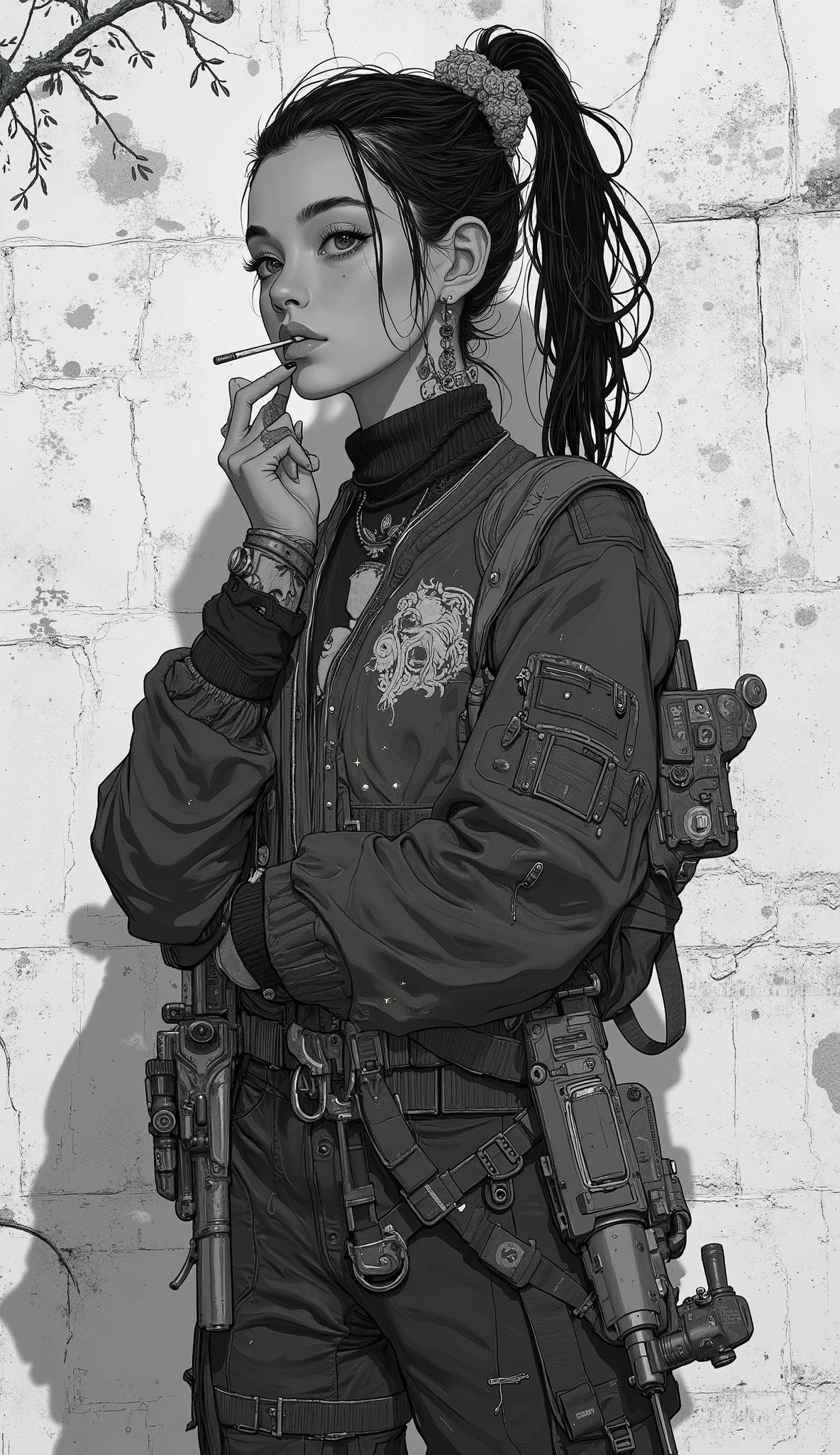 A young woman is standing against a textured concrete wall, casting clear shadows. She has a ponytail、Wears an impressive bomber jacket with intricate horse embroidery in the swirling waves, creates a subtle haze in a monochromatic scene expressed in high-contrast black and white. Exquisite embroidery adds a touch of elegance and strength to her sporty outfit. She has a large gun in her left hand, clasping with confidence, hold a cigarette in your right hand, streaks of smoke drifting upward, creates a subtle haze in a monochromatic scene. the lighting is soft, emphasizes the texture of both the fabric and wall surface. with glowing vines , is looking away with one hand close to her face, Suggesting contemplation and introspection, The image is mysterious and slightly edgy Adding atmosphere. The lack of color emphasizes a clear theme of isolation and strength.black and white photo-like silhouette,darkness、 vector SVG art , SVG illustration , SVG art , black and white vector art