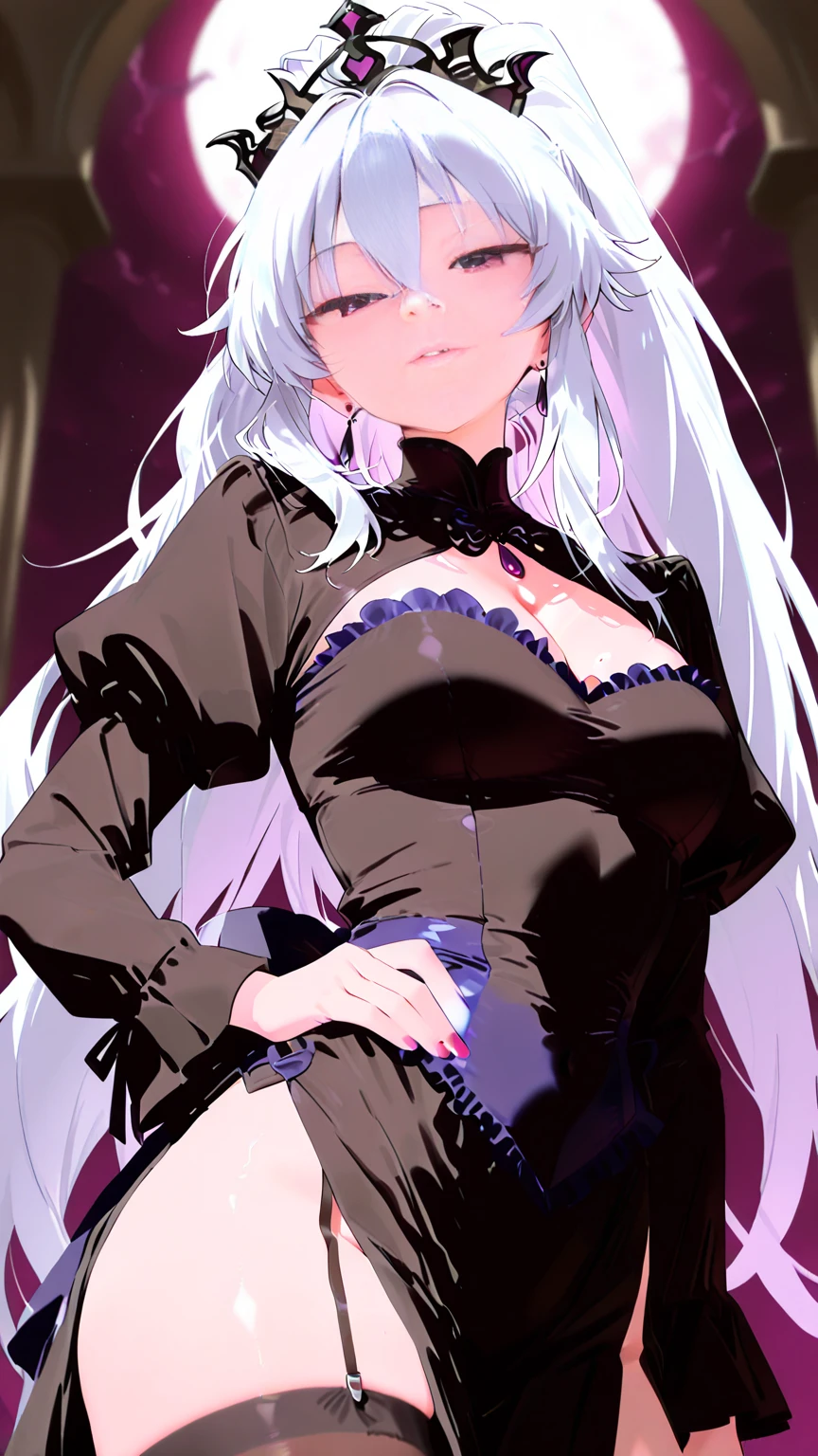 a girl with long white hair, purple eyes, wearing a red lace dress, kneeling on a large bed, in the dark with violet tones, sexy, sensual,black goat horns,voluptuous