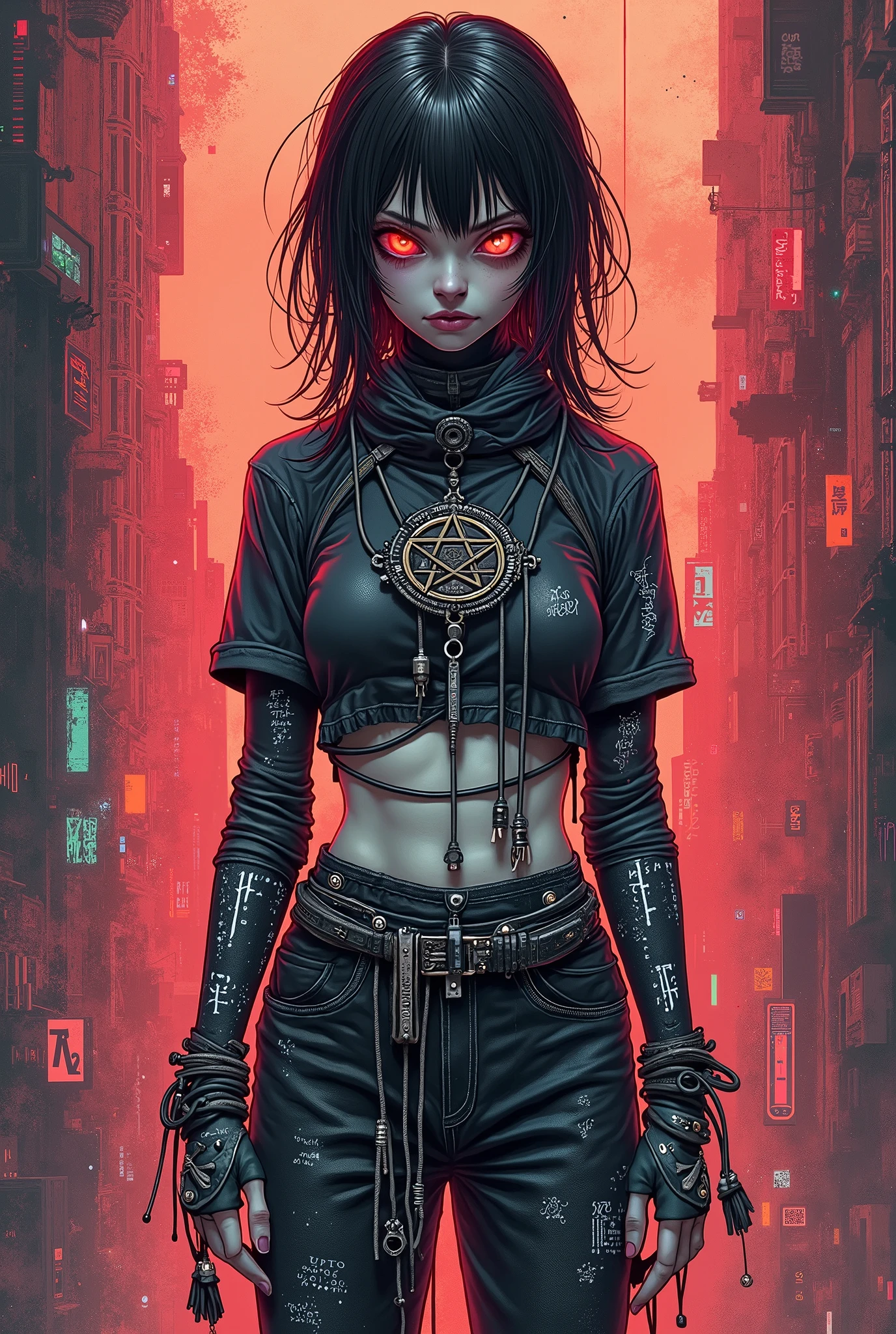 a close-up of a woman in a leather outfit in front of a cross, gothic horror vibes, artwork in the style of guweiz, cyberpunk horror style, goth girl aesthetic, dark and horror style, Gothic aesthetic, ominous Gothic aesthetic, Guweiz, cruel korean goth girl, Gothic aesthetic, gothic - cyberpunk, dark cyberpunk illustration, by Yang J
