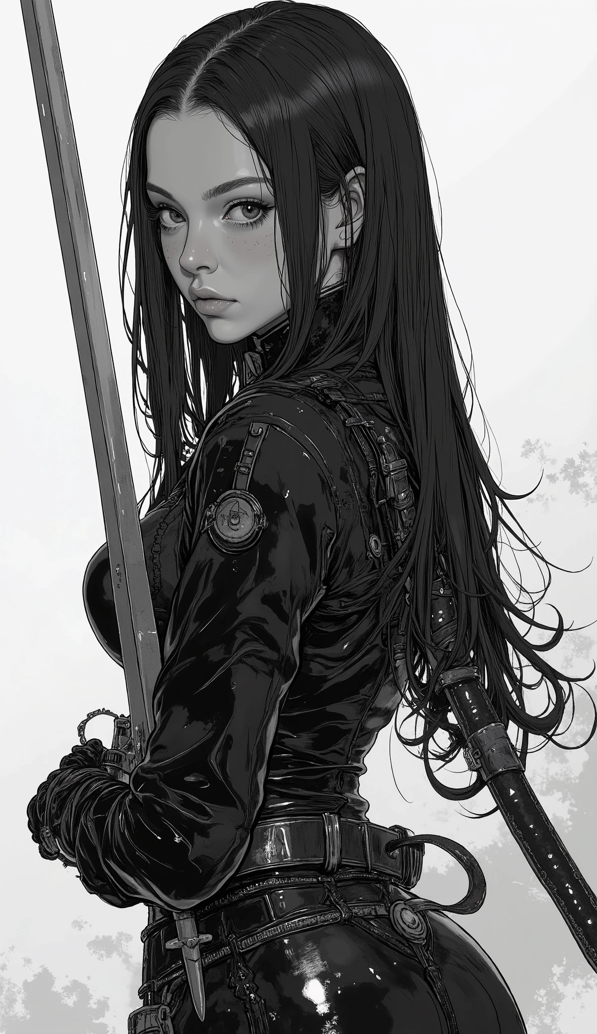 a picture of a woman wearing a black suit and holding a sword, White Masamune, Portrait of a Girl in Ninja Gaiden , inspired by Amano, extremely detailed and exquisite fan art inspired by Yoshitaka Amano, Amano Yoshitaka Character Design, Create , Inspired by Yoshitaka Amano, Shiro Masamune style 、black and white photo-like silhouette,darkness、 vector SVG art , SVG illustration , SVG art , black and white vector art