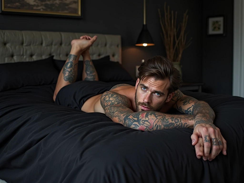 tied wrist photo of Tom Hardy, bound to a bed, desnudo, white rope, underwear, hairy chest"