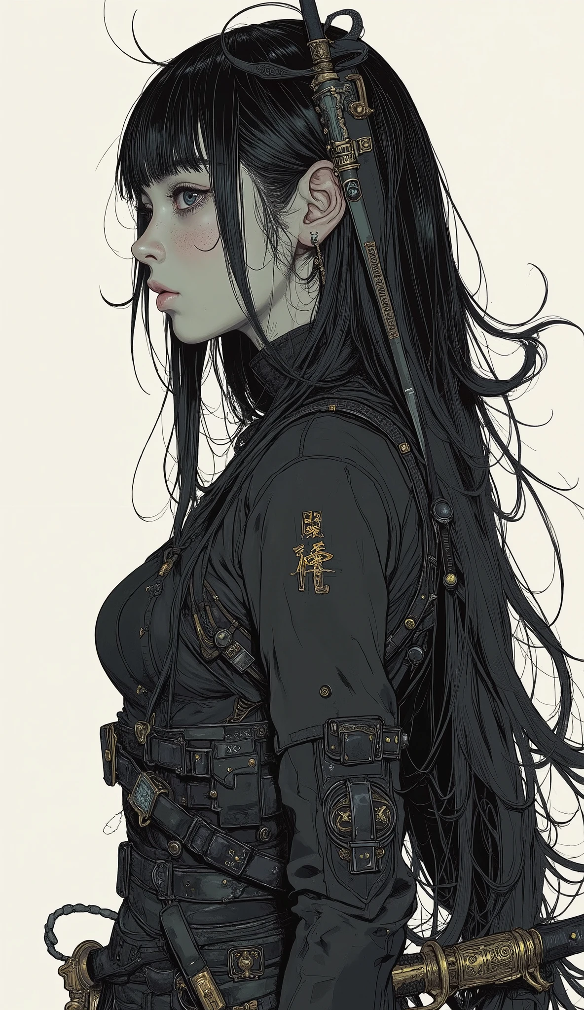 a picture of a woman wearing a black suit and holding a sword, White Masamune, Portrait of a Girl in Ninja Gaiden , inspired by Amano, extremely detailed and exquisite fan art inspired by Yoshitaka Amano, Amano Yoshitaka Character Design, Create , Inspired by Yoshitaka Amano, Shiro Masamune style 、black and white photo-like silhouette,darkness、 vector SVG art , SVG illustration , SVG art , black and white vector art